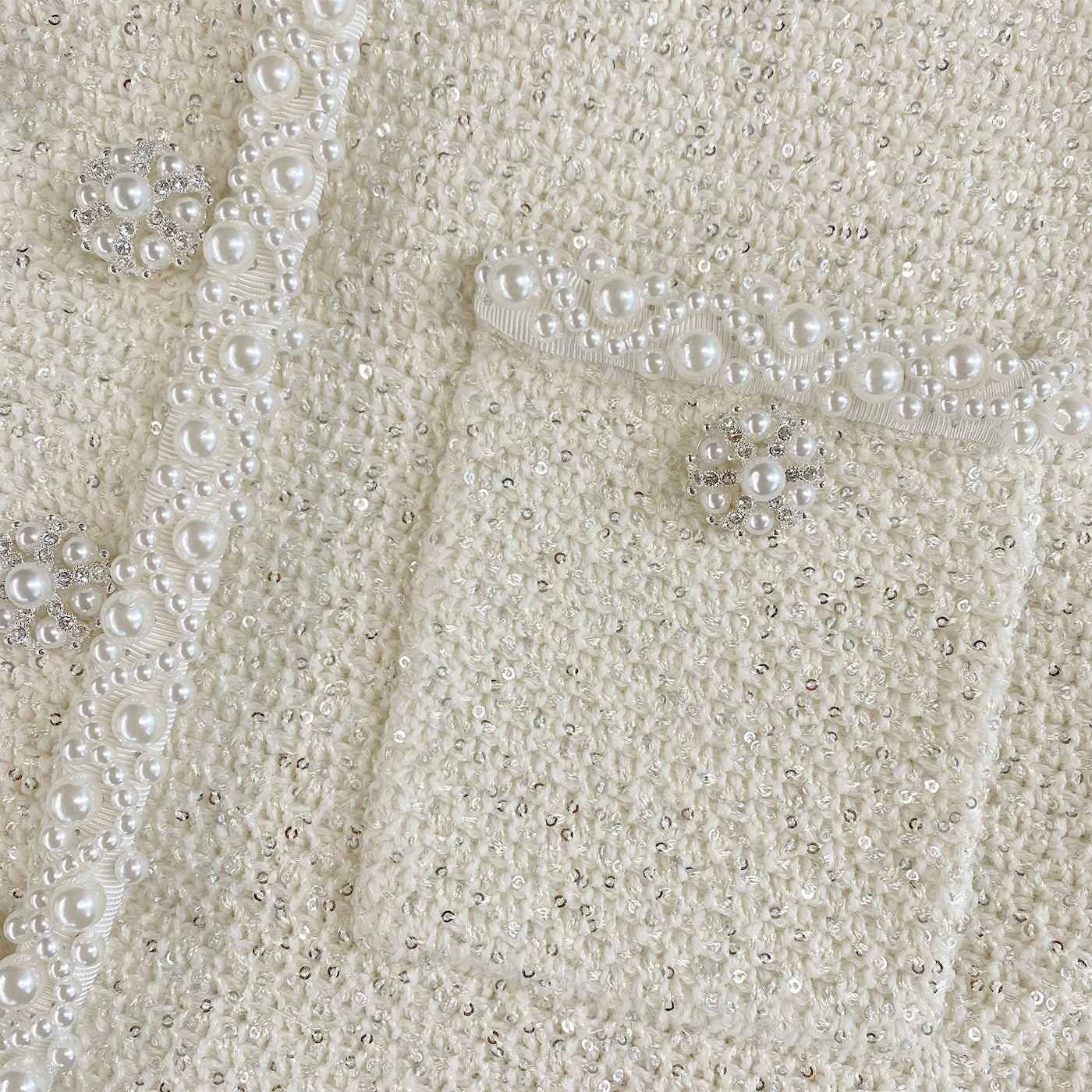 Cream Sequin Pearl Cropped Feather Cardigan