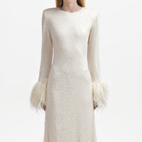 Cream Sequin Feather Midi Dress