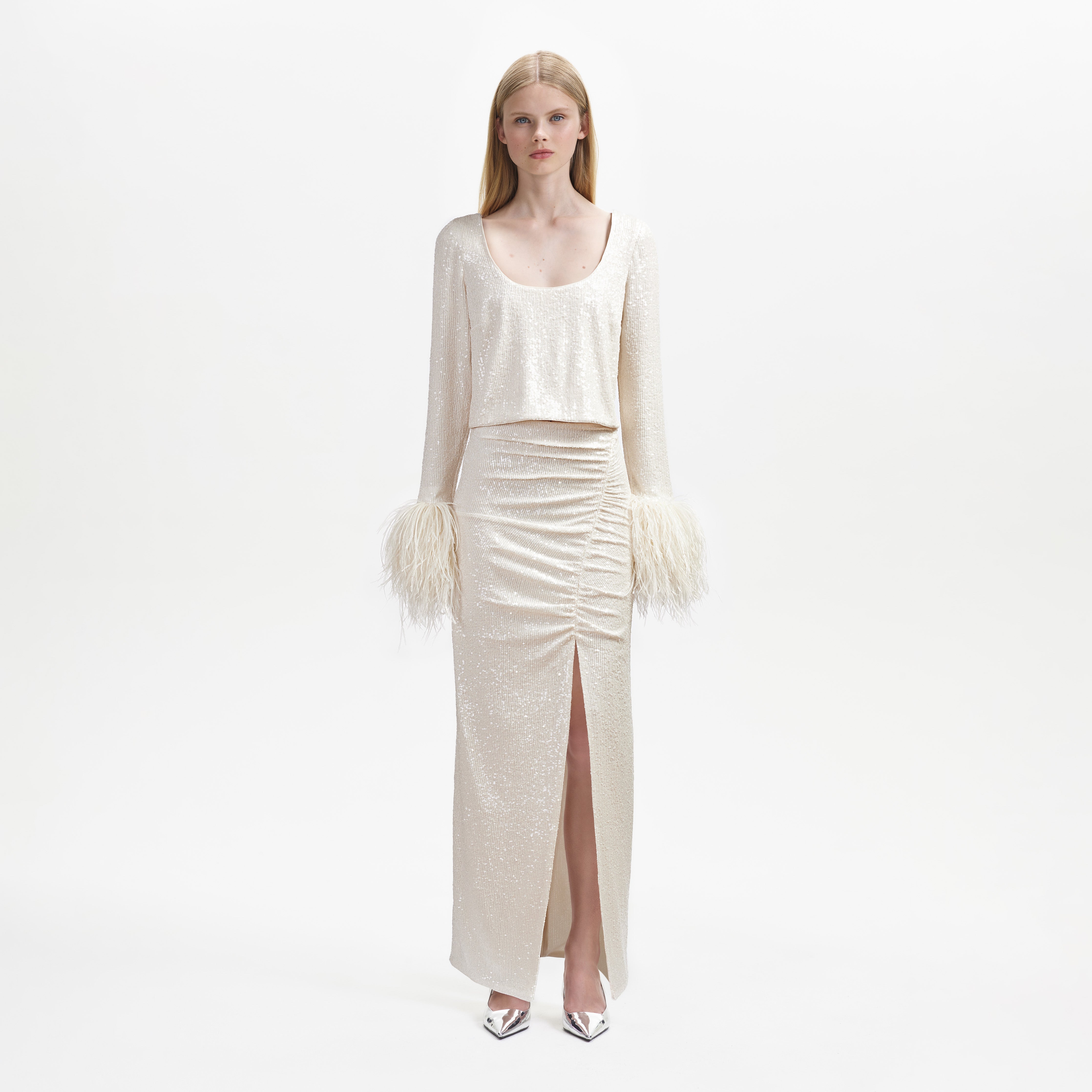 Self Portrait Cream Sequin Maxi Skirt US 8