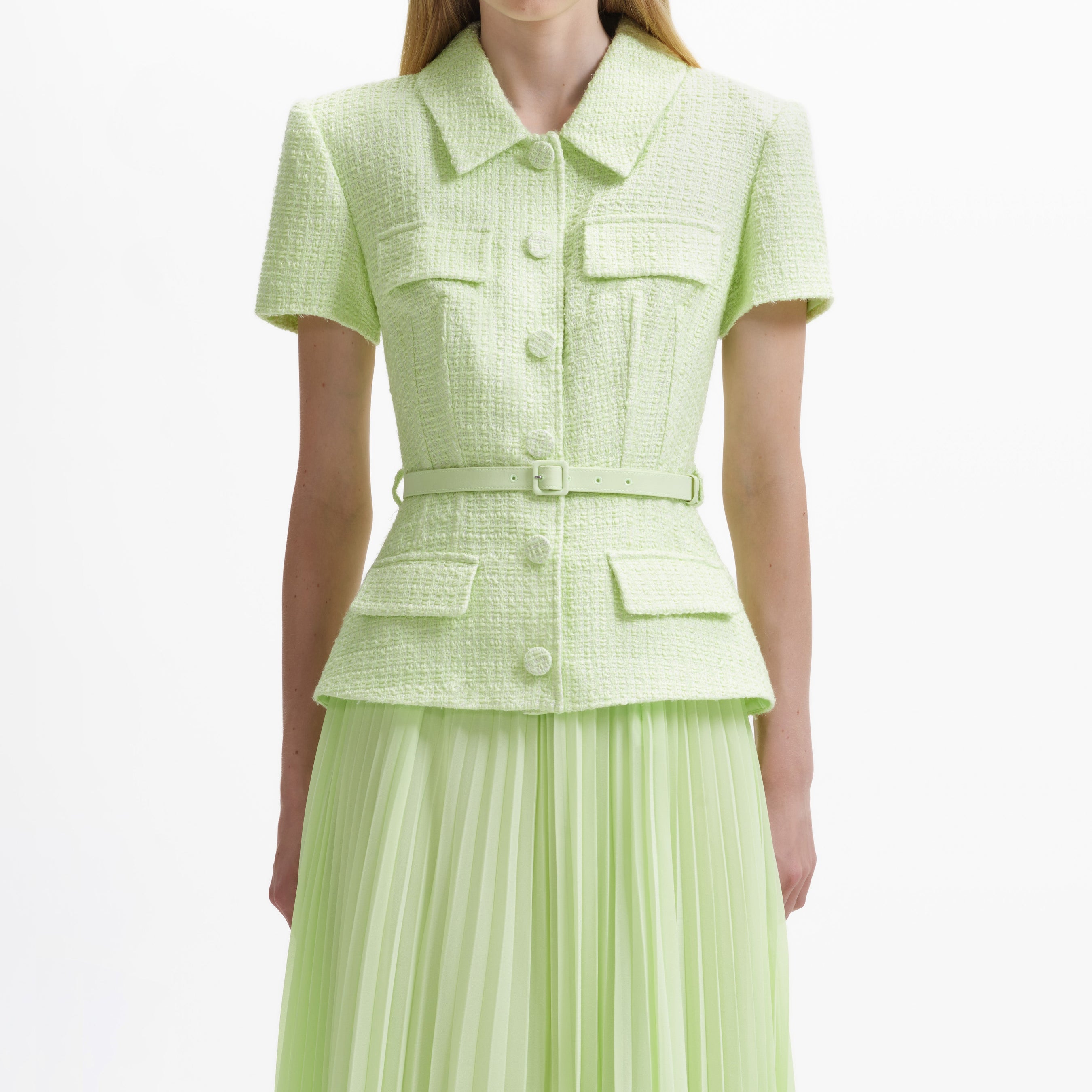 Lime Boucle Collared Chiffon Midi Dress