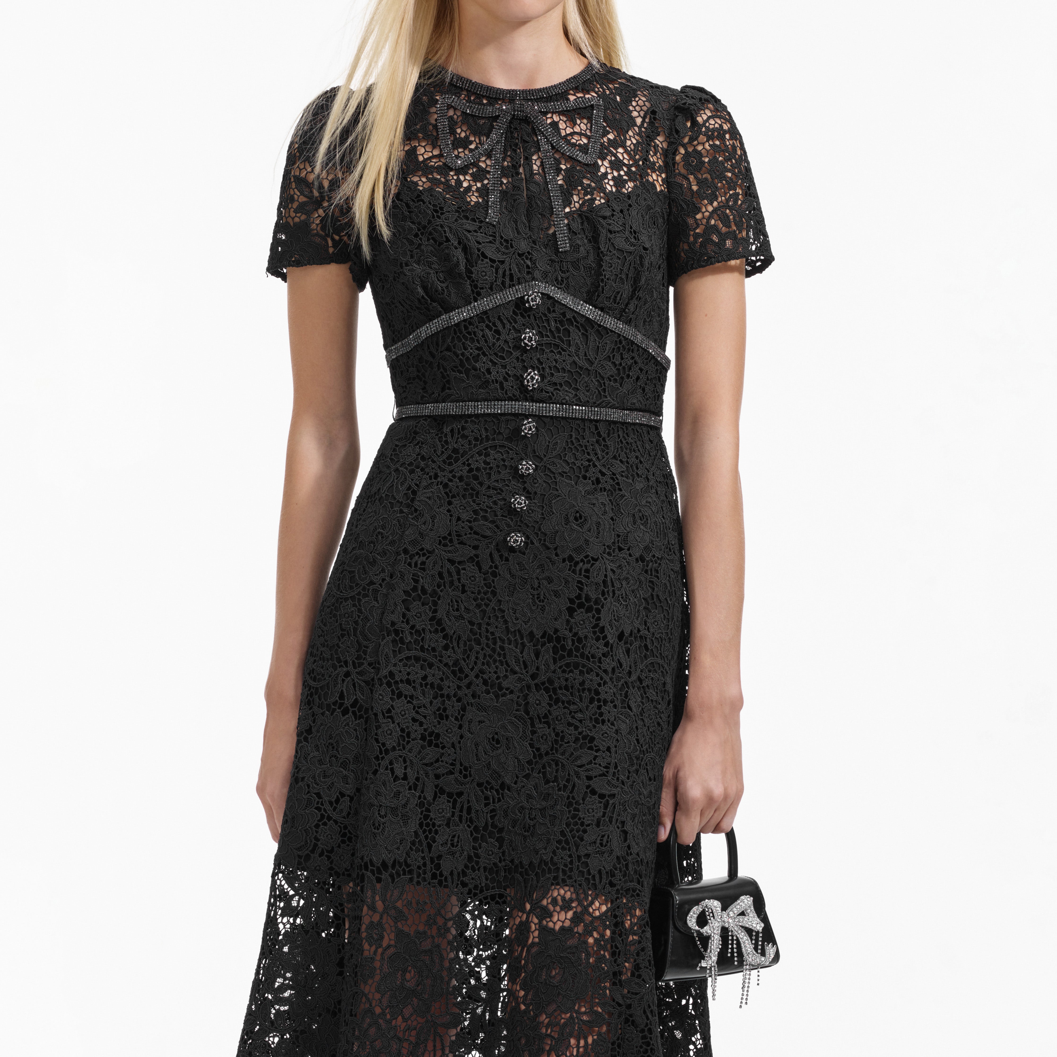 Black Cord Lace Bow Midi Dress – self-portrait-US
