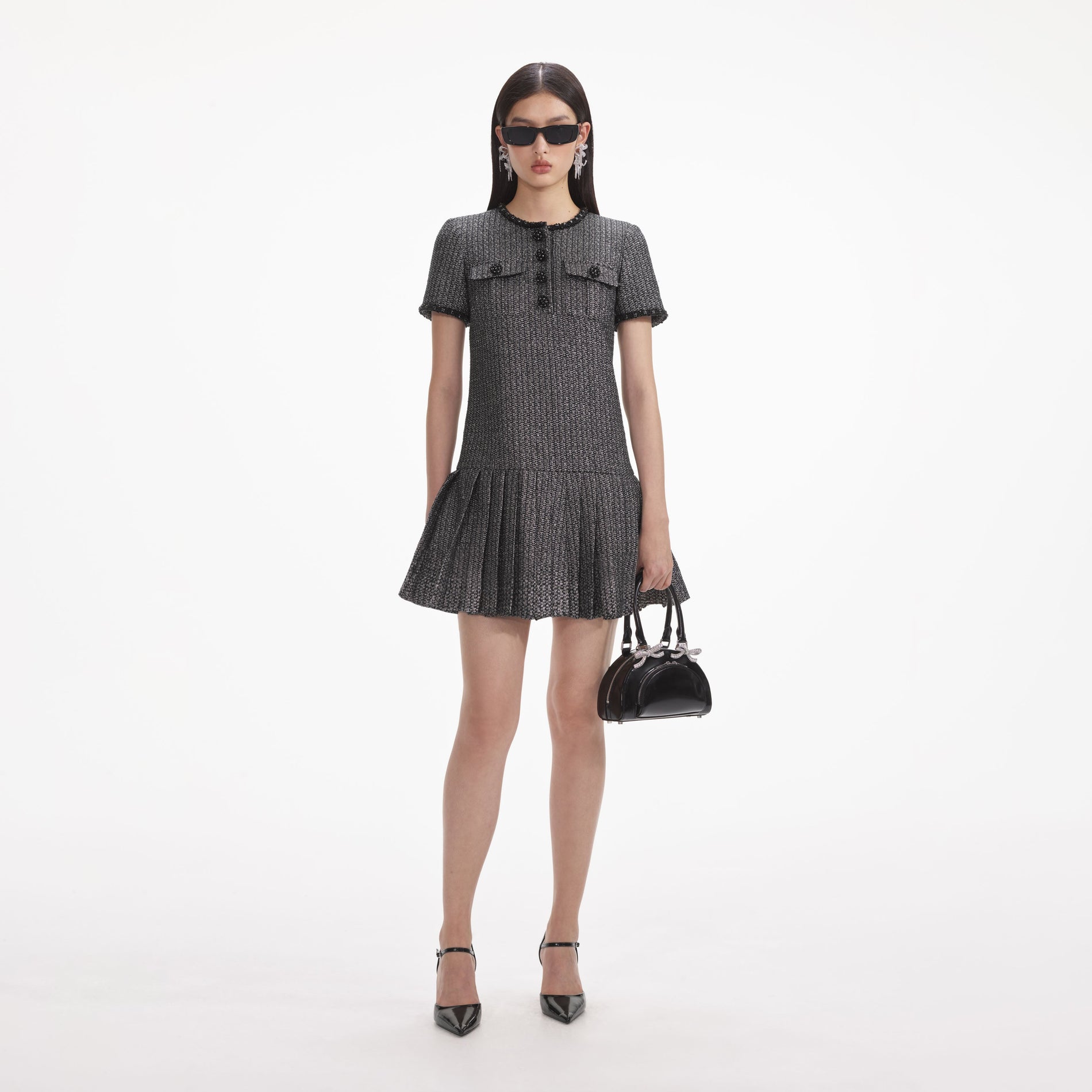 Front view of a woman wearing the Metallic Boucle Mini Dress