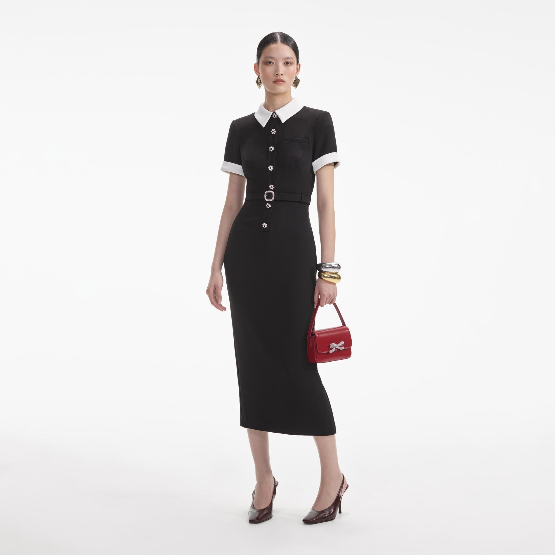 Front view of a woman wearing the Black Crepe Contrast Midi Dress
