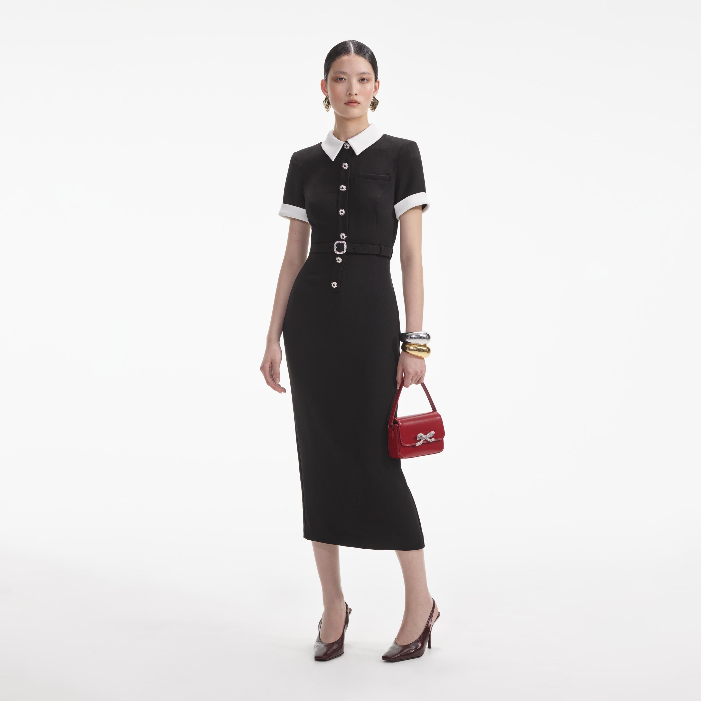 Black Crepe Contrast Midi Dress – self-portrait-US