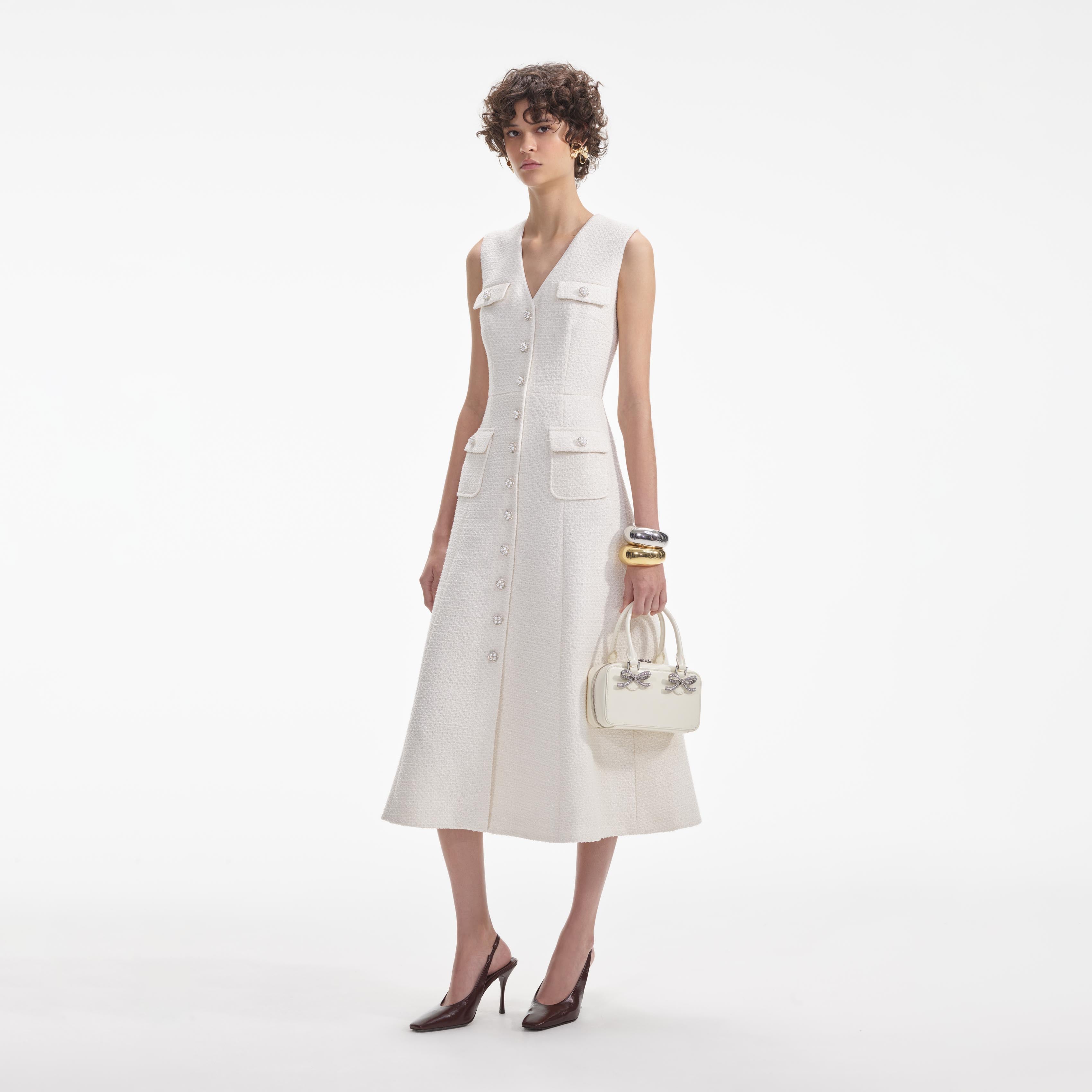 Cream Tinsel Boucle Buttoned Midi Dress