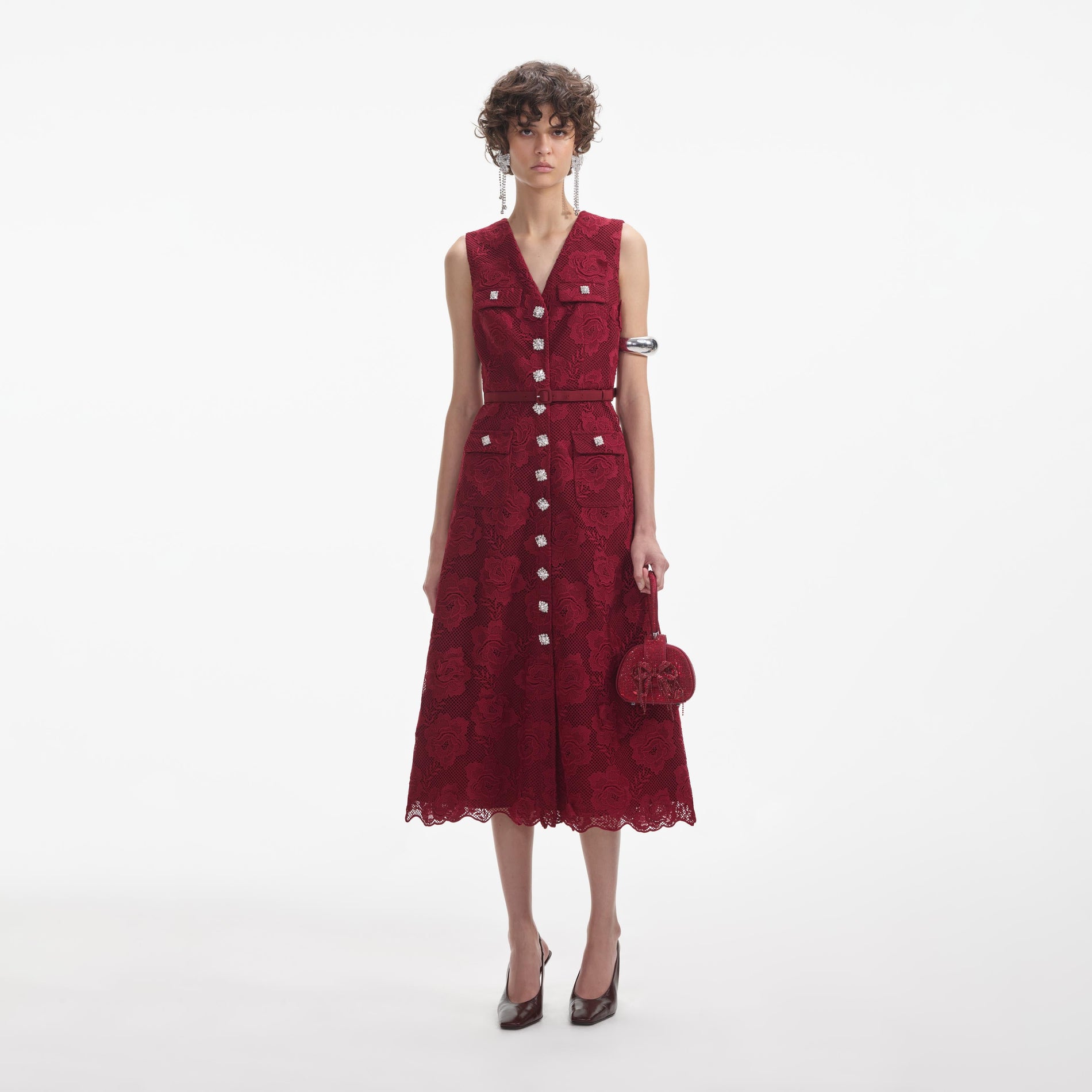 Front view of a woman wearing the Burgundy Lace Buttoned Midi Dress