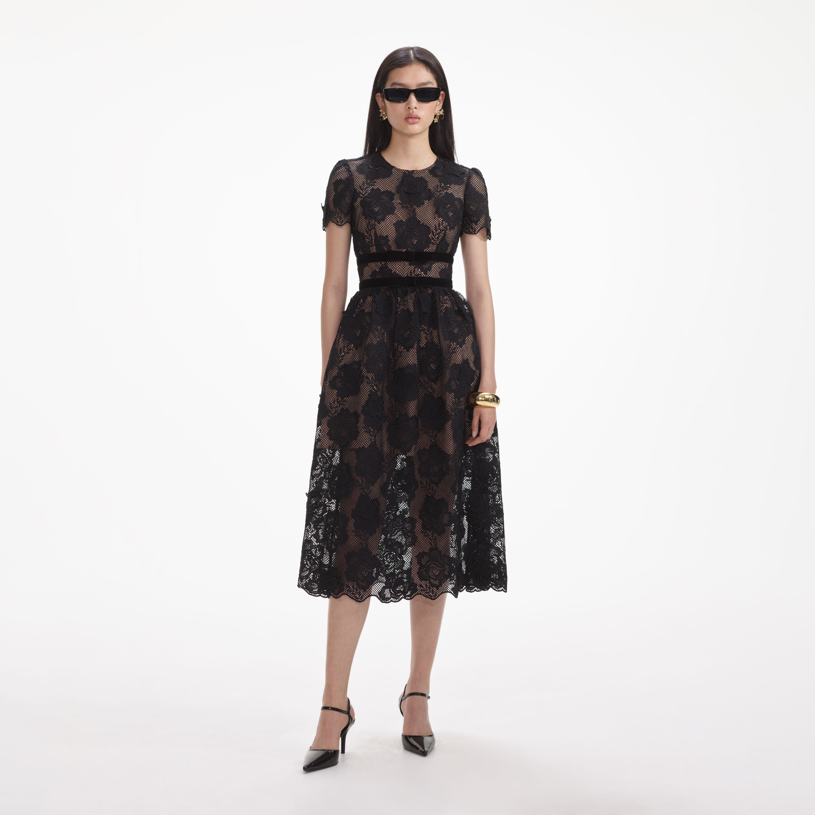 Black Lace Velvet Bow Midi Dress – self-portrait-US