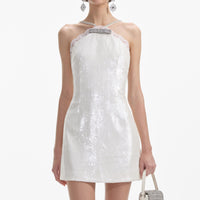 Cream Sequin Halter Mini Dress