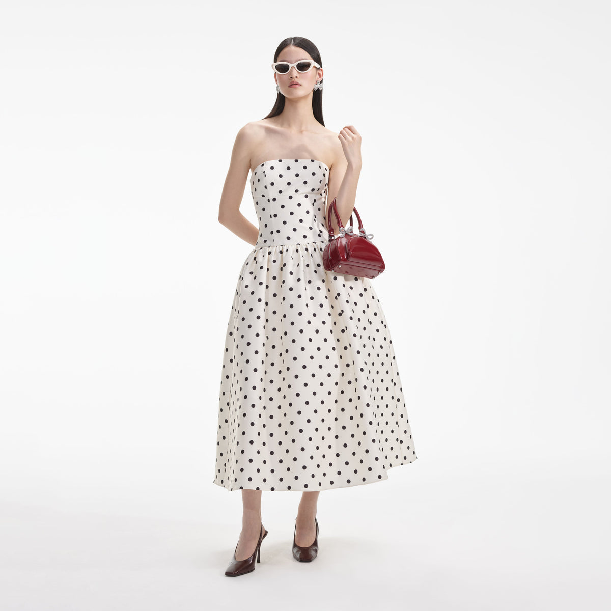 Self-Portrait - Cream Polka Dot Taffeta Midi Dress