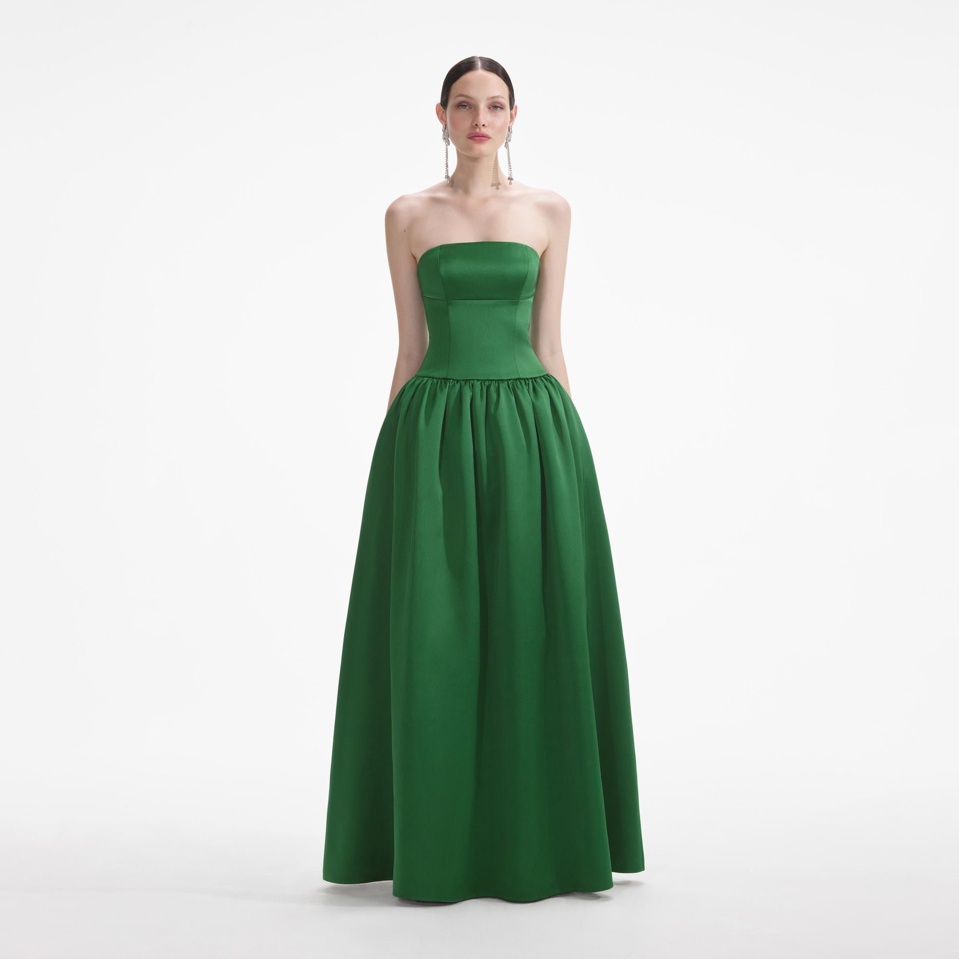 Front view of a woman wearing the Green Satin Bandeau Maxi Dress