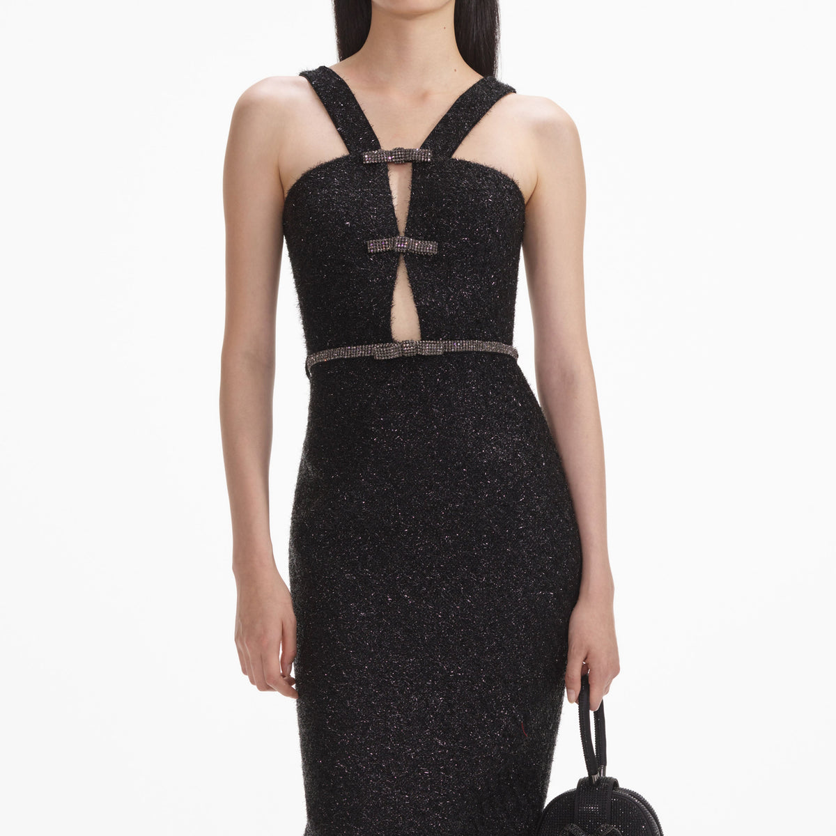 self portrait black boucle midi dress self-portrait Tinsel Boucle Midi Dress in Black