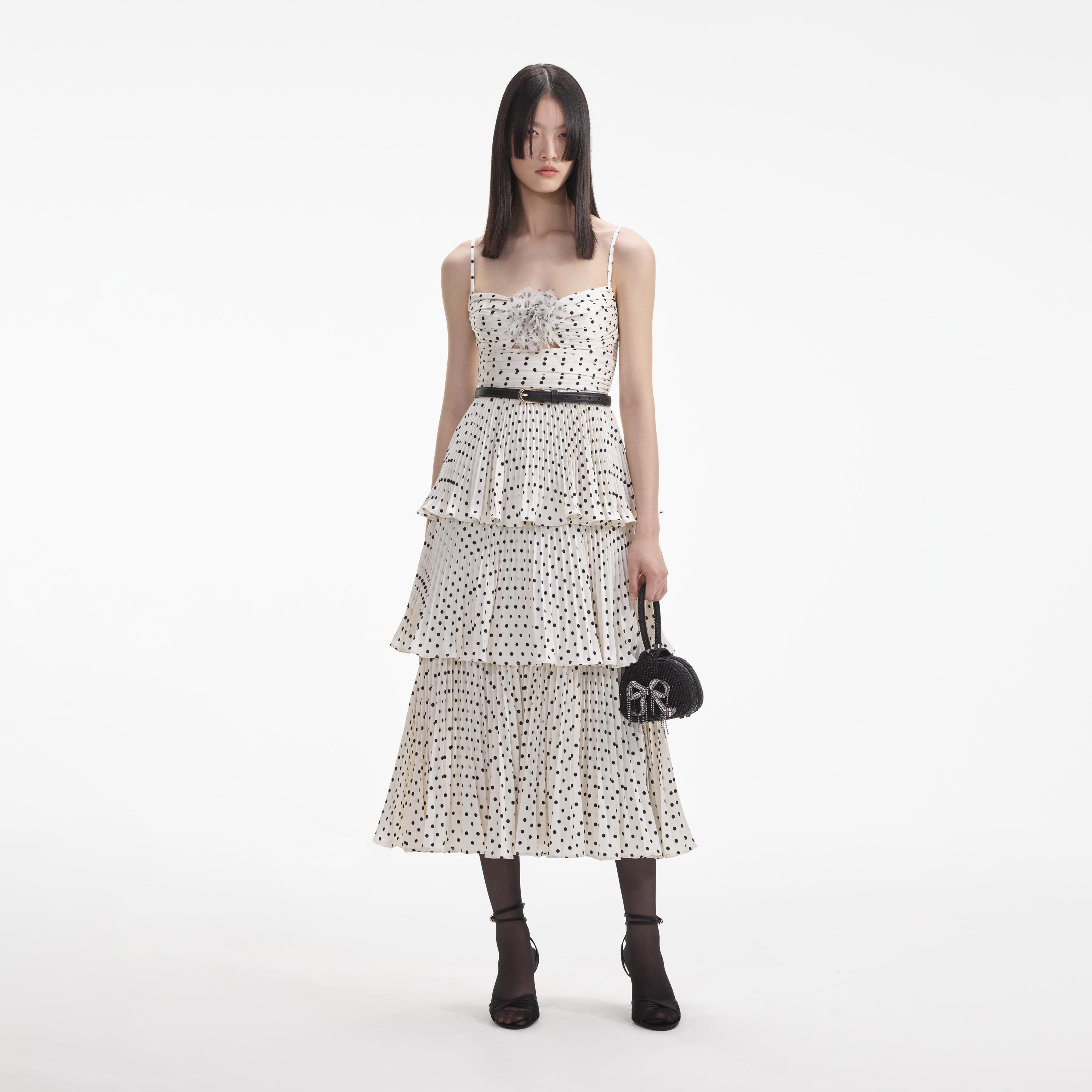 Cream Polka Dot Tiered Midi Dress – self-portrait-US