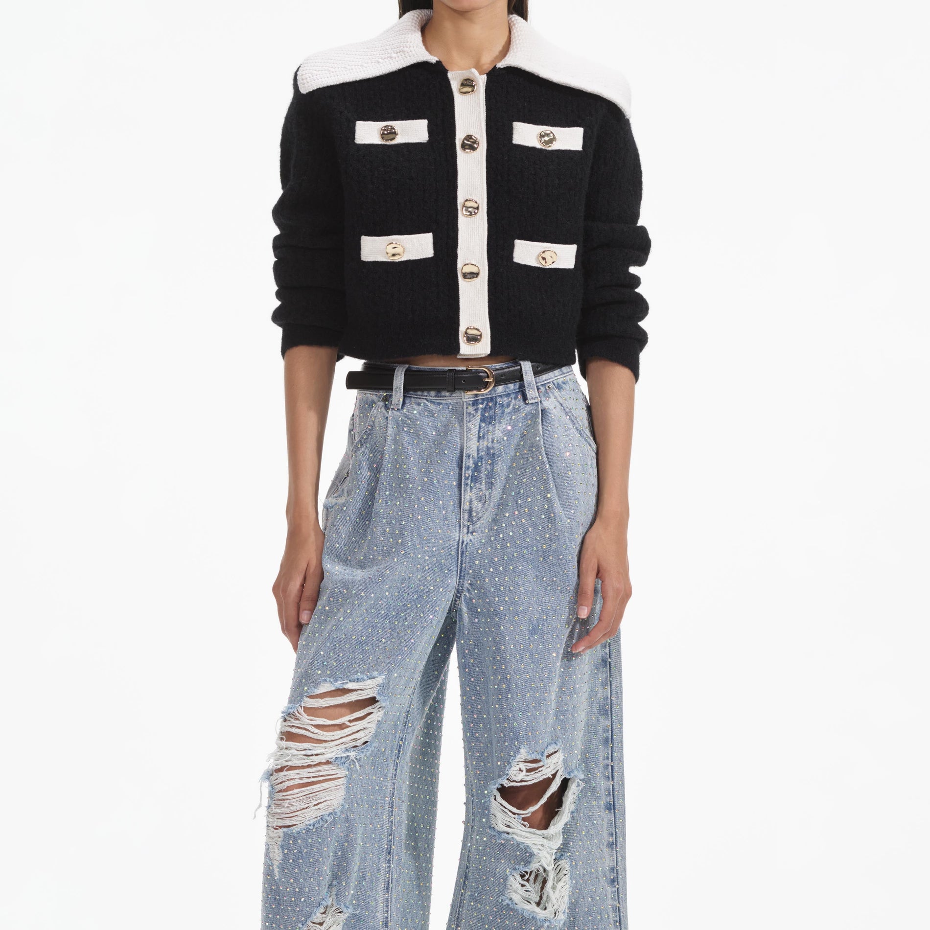 Side view of a woman wearing the Black Cashmere Blend Cardigan