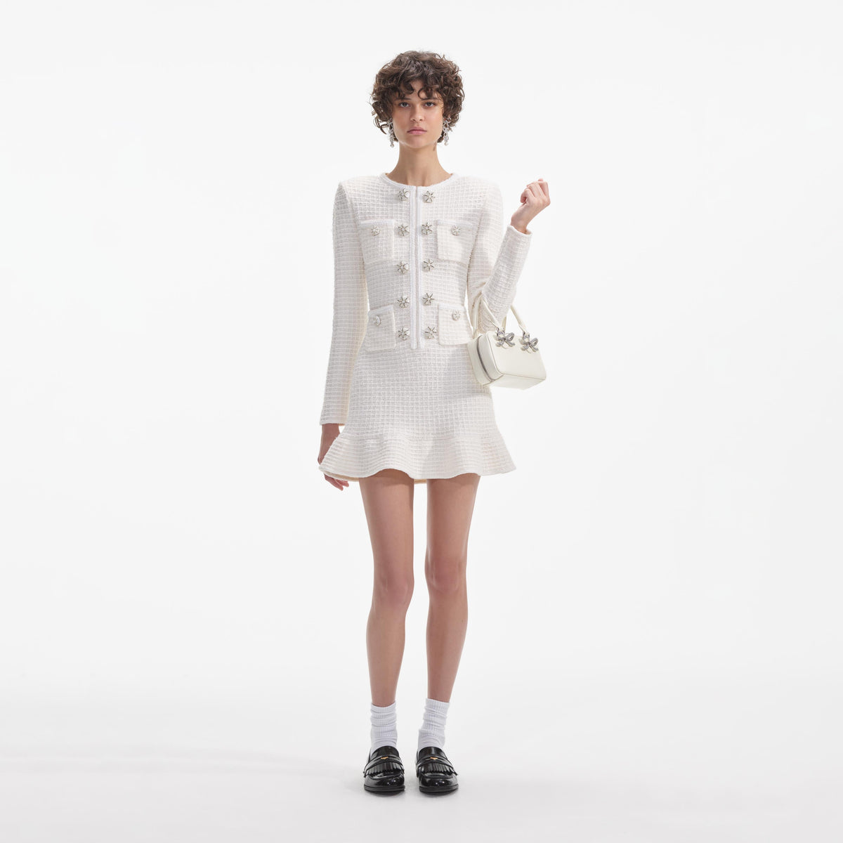 self portrait cream bow knit mini dress Cream Sequin Boucle Bow Mini Dress