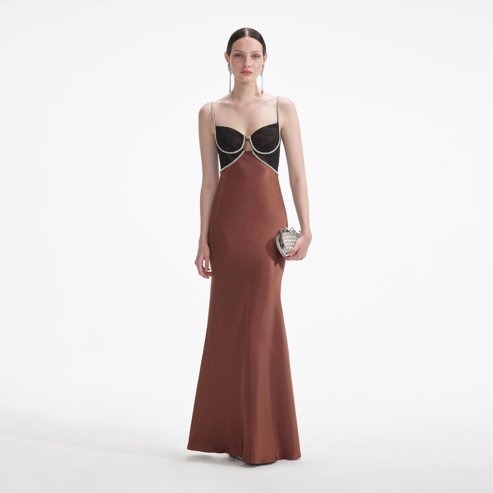 Front view of a woman wearing the Brown Satin Diamante Maxi Dress