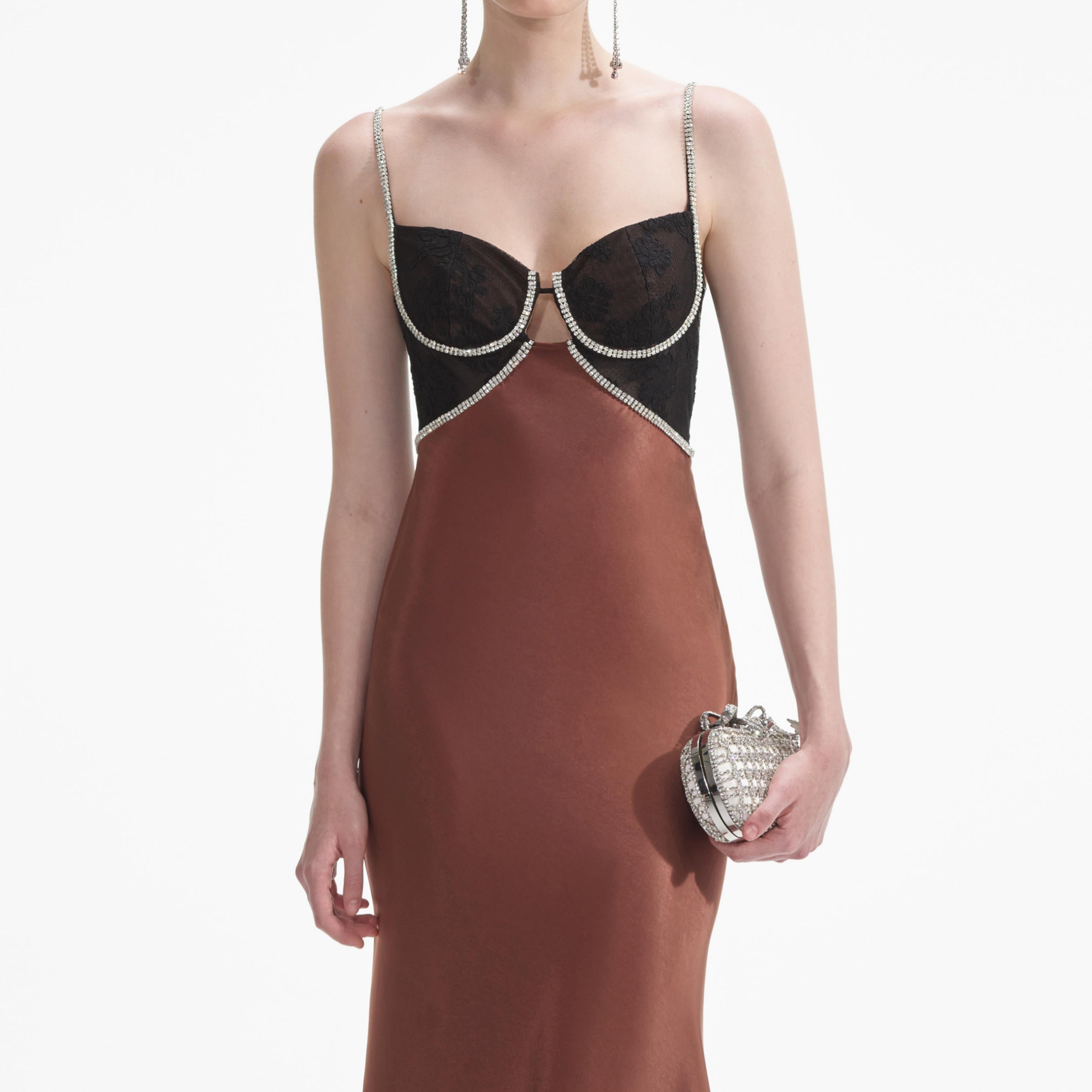 Brown Satin Diamante Maxi Dress