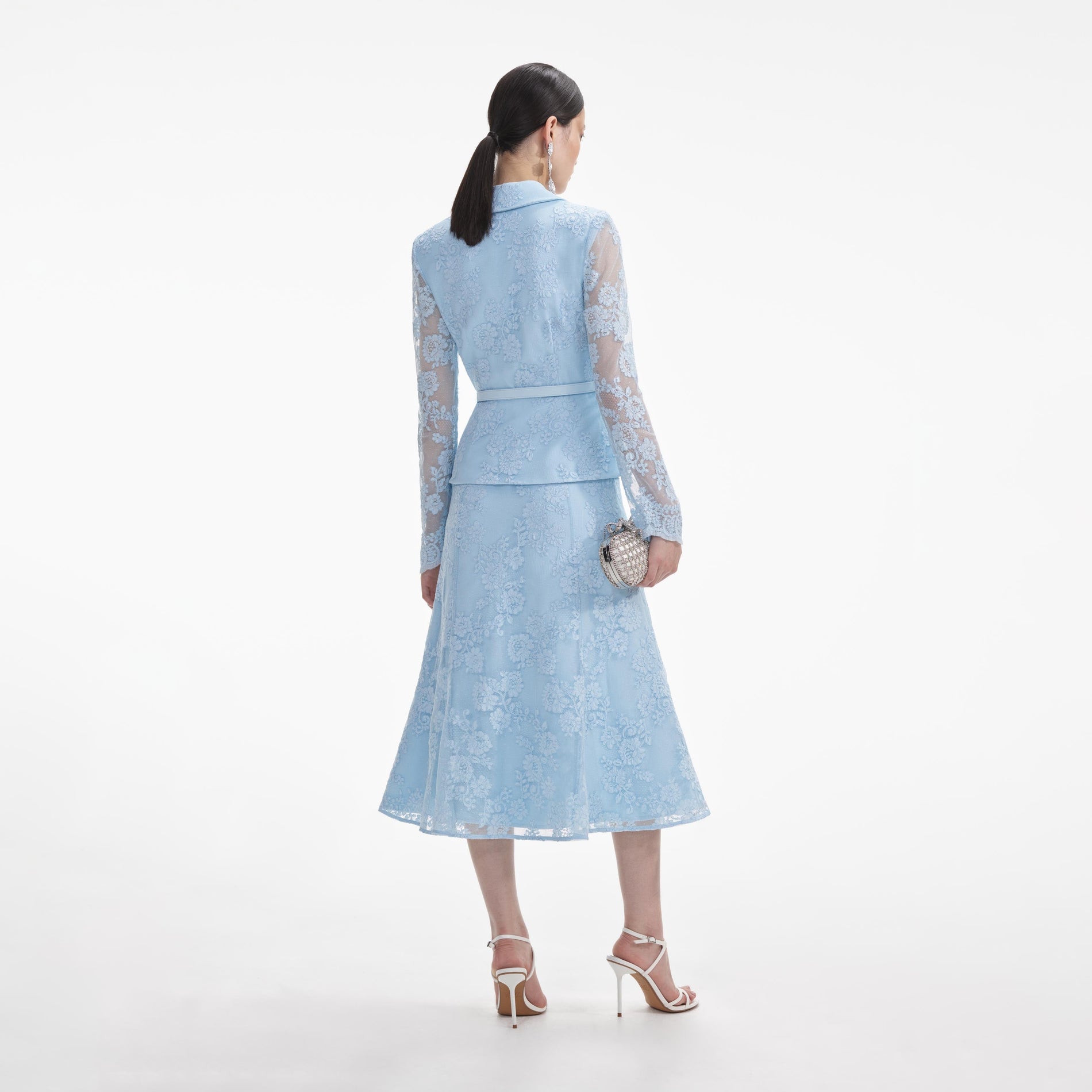 Back view of a woman wearing the White Blue Lace Tailored Midi Dress