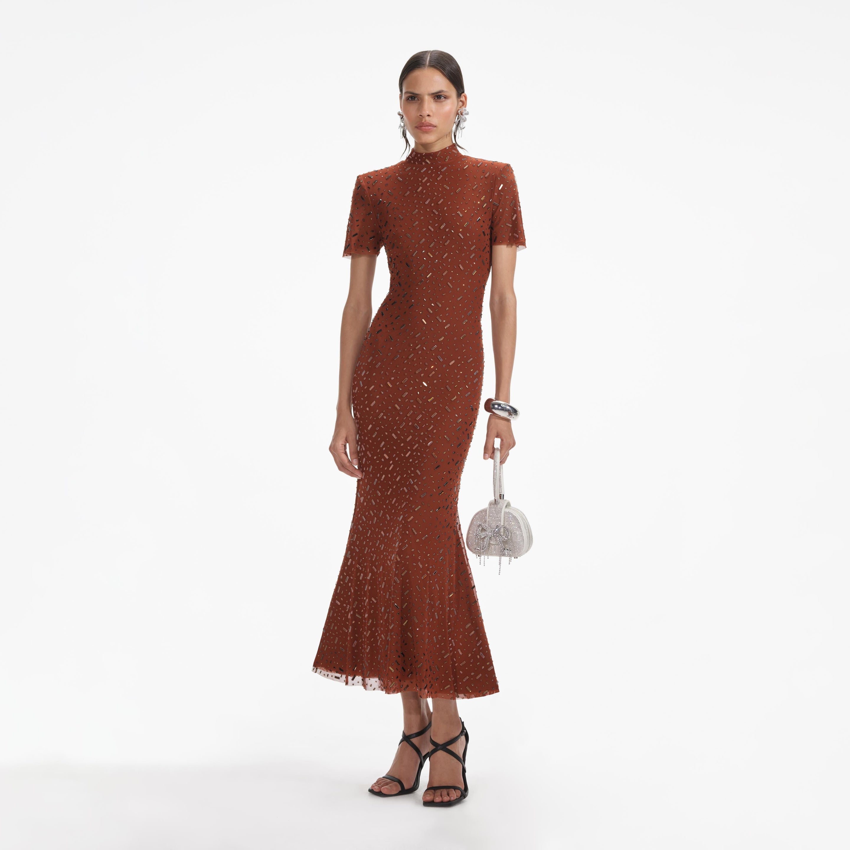 Brown Square Rhinestone Mesh Midi Dress – self-portrait-US