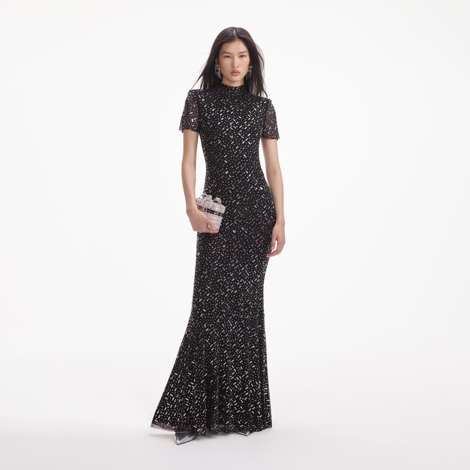 Front view of a woman wearing the Black Square Rhinestone Mesh Maxi Dress