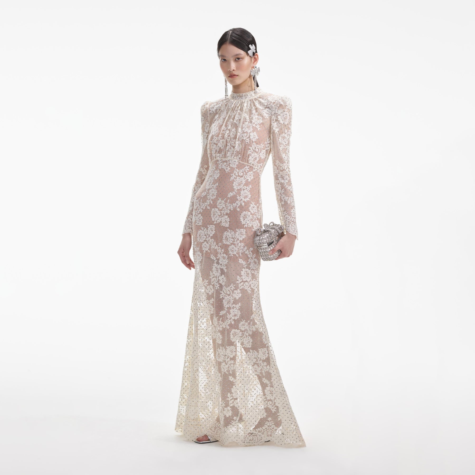 White Long Sleeve Dress with Waist Cutout and Rhinestone Accents main image 0