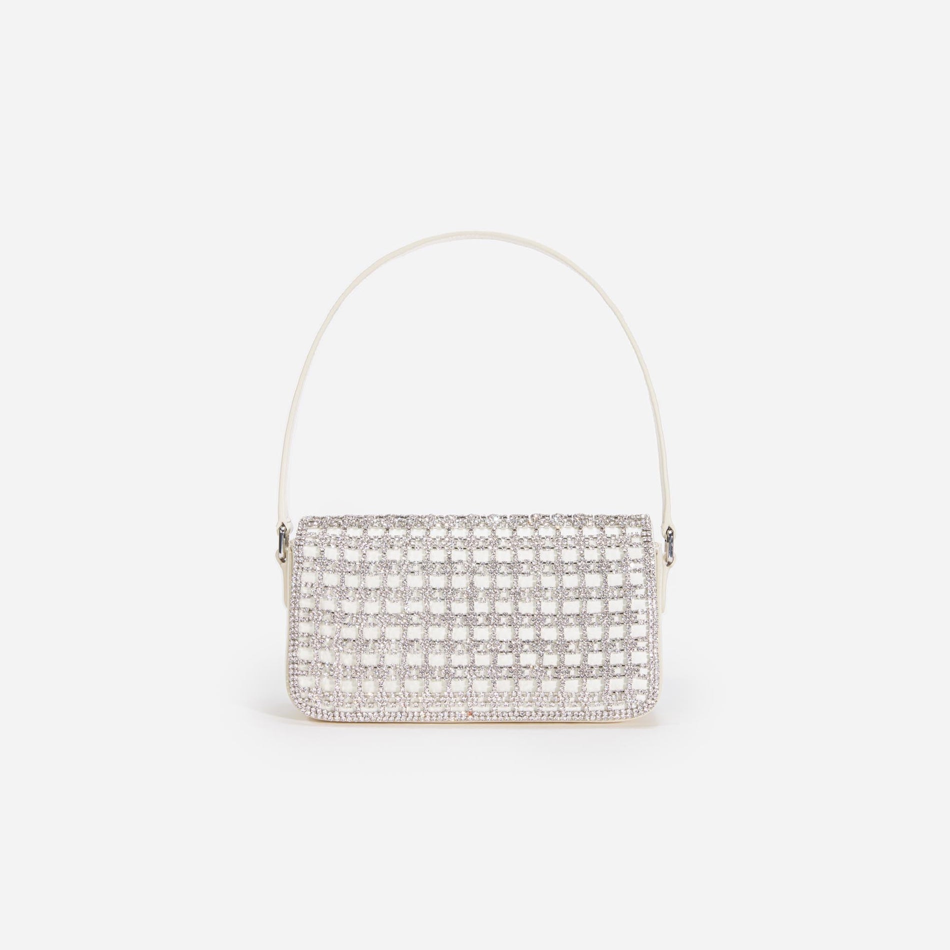 Back view of a woman wearing the White Champagne Crystal Baguette Bag