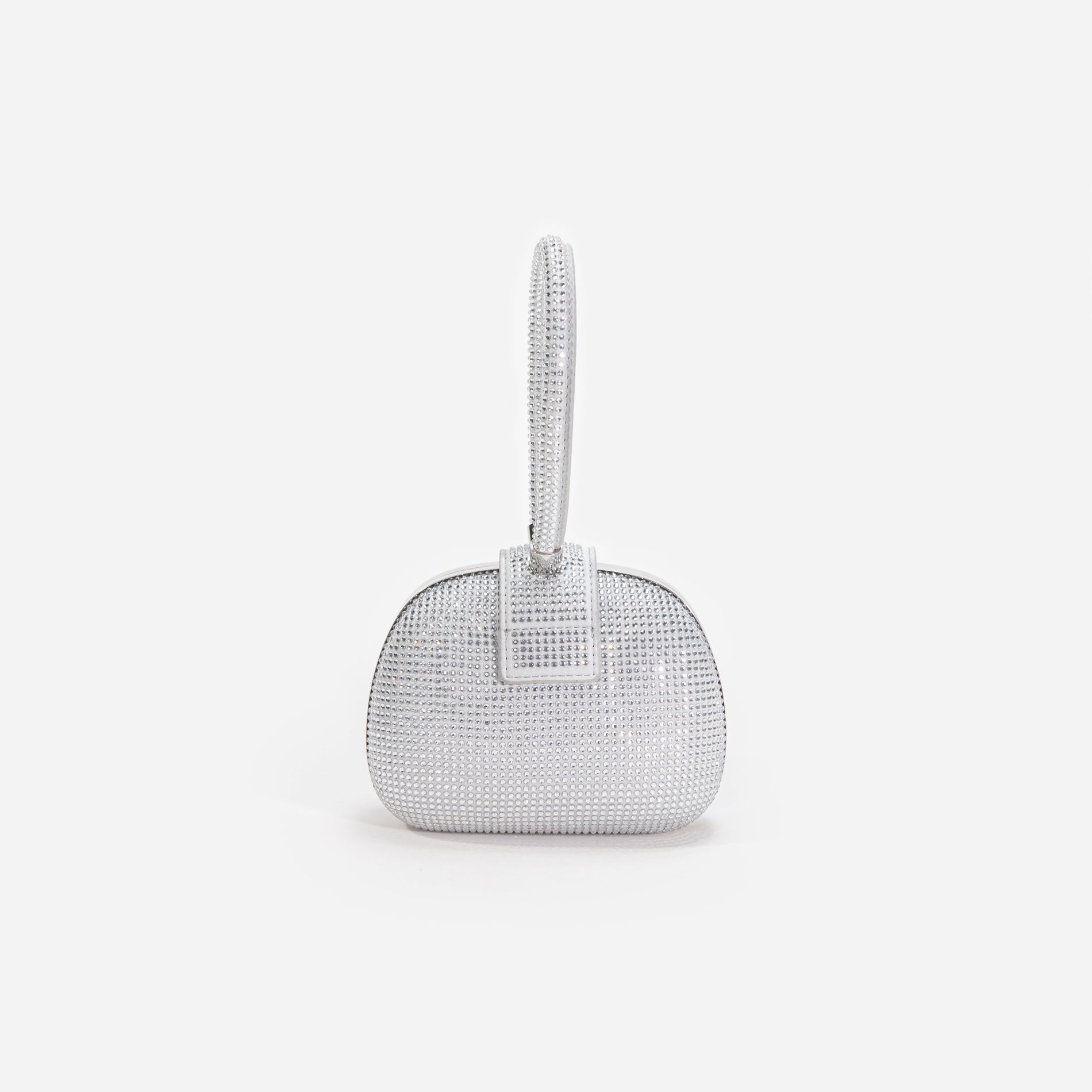 Back view of a woman wearing the White Silver Rhinestone Top Handle Clutch Bag