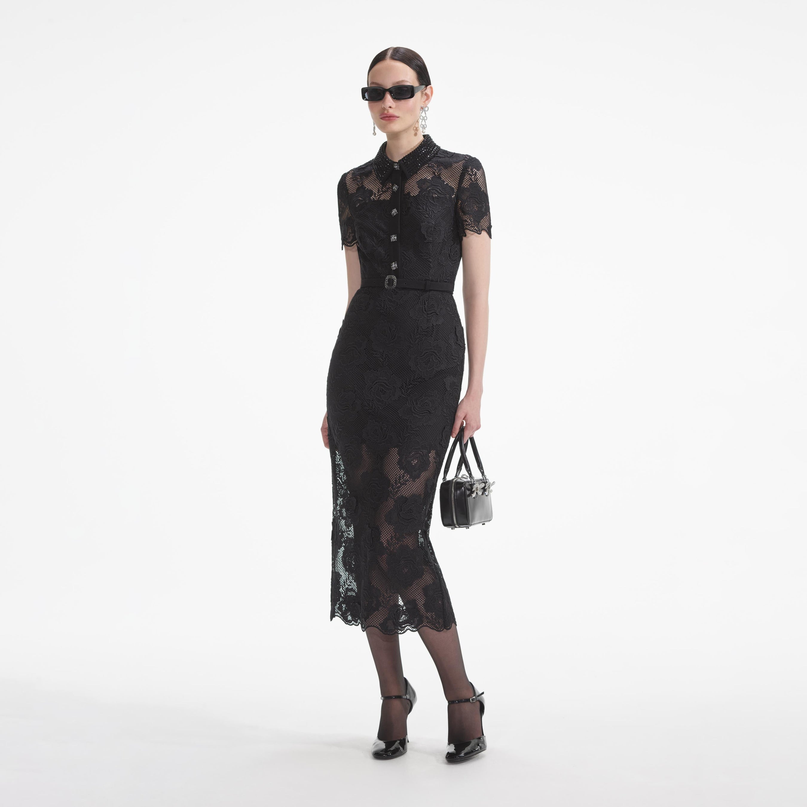 Black Lace Diamante Midi Dress