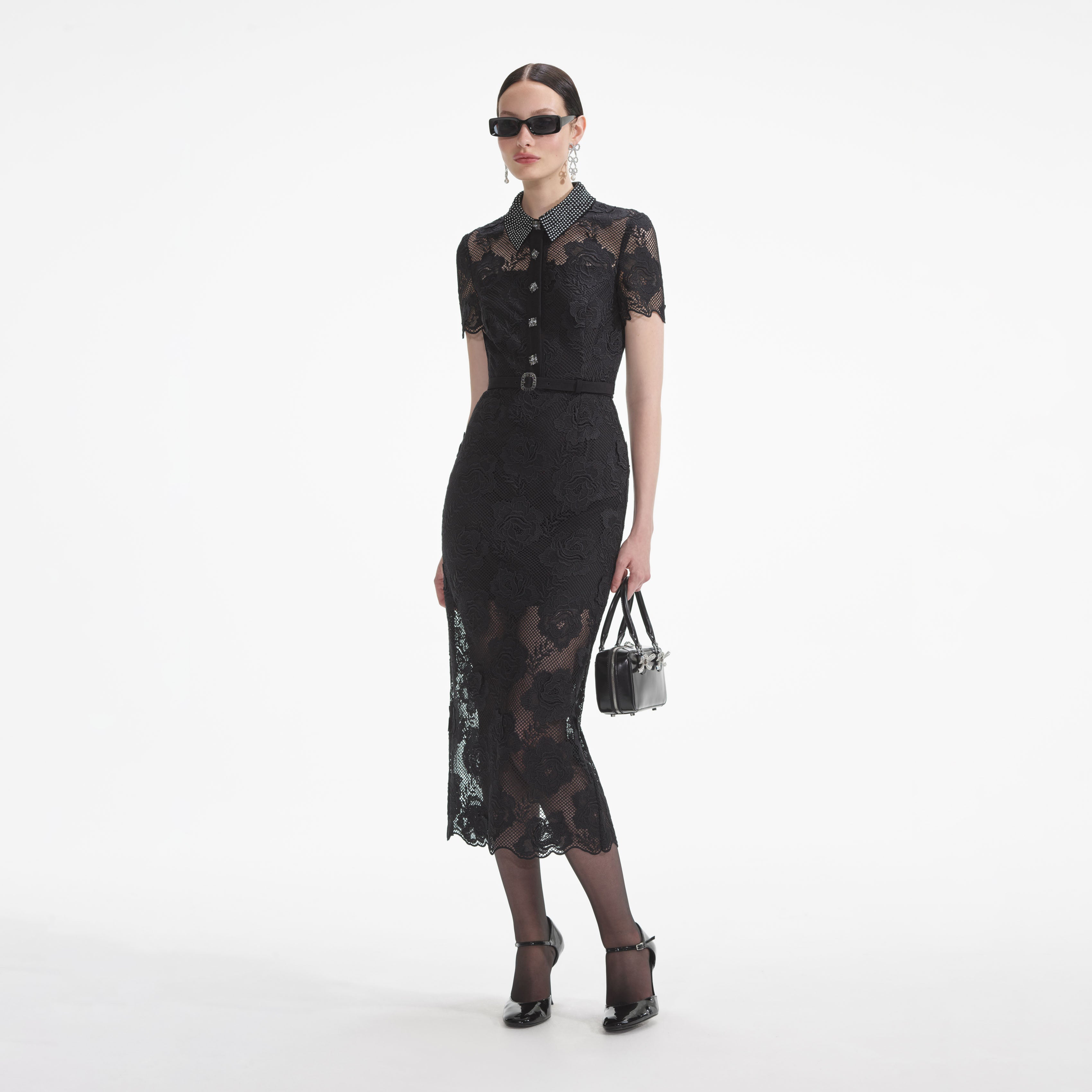 Black Fine Lace Midi Dress – self-portrait-US