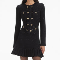 Black Buttoned Long Sleeve Knit Mini Dress