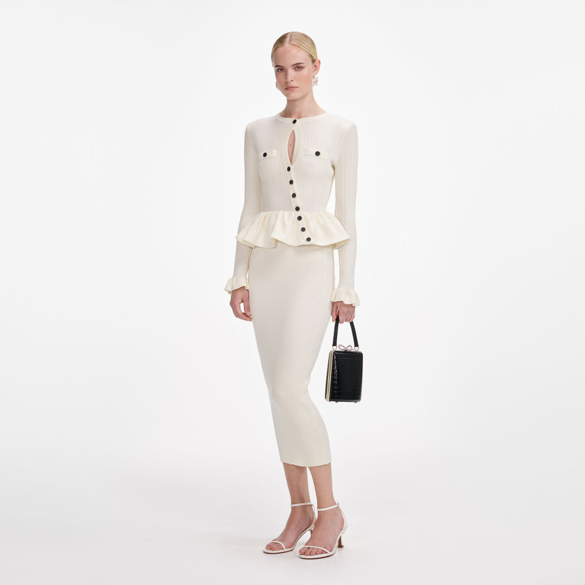 self-portrait - Cream Asymmetric Knit Midi Dress