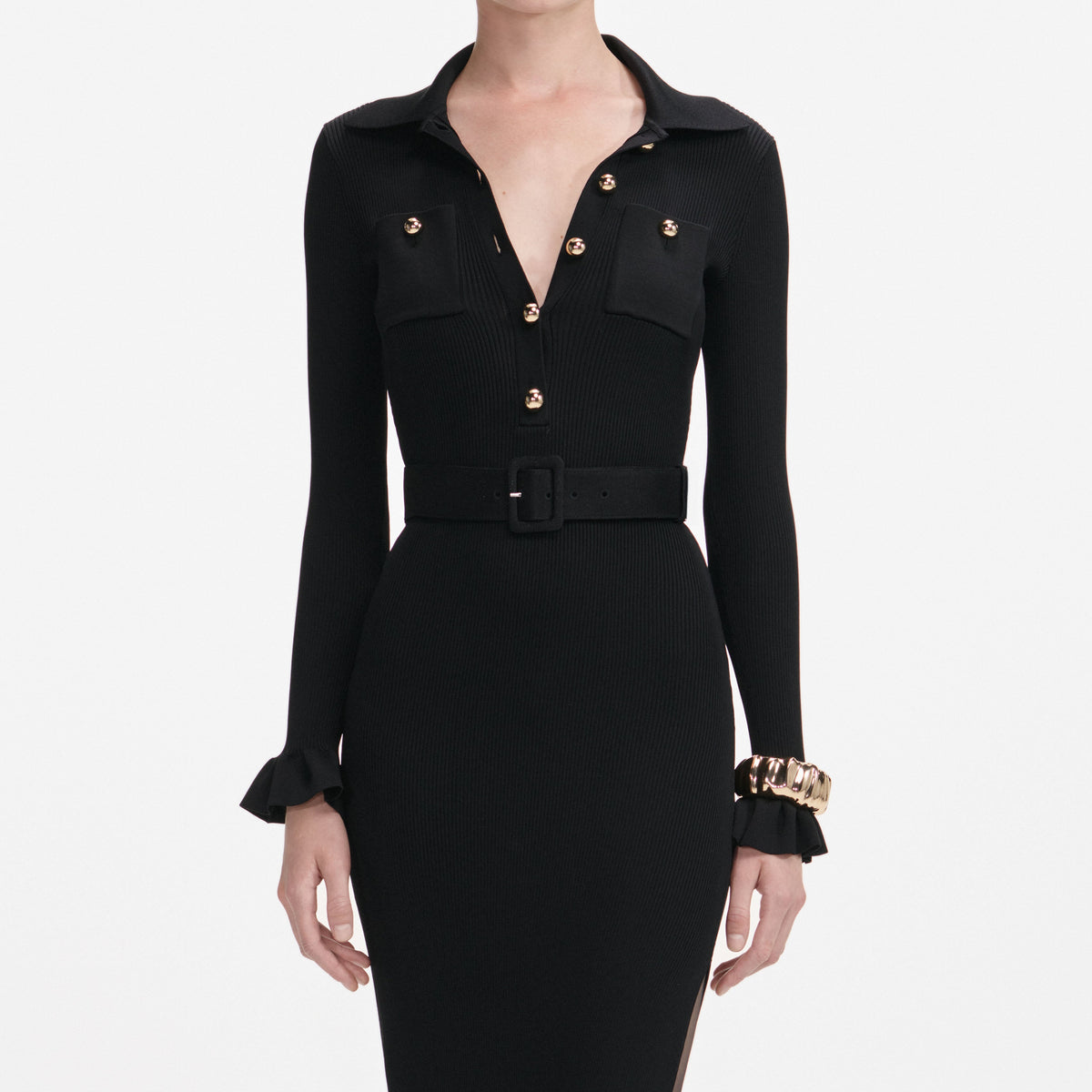 Black Ribbed Knit Maxi Dress – self-portrait-US