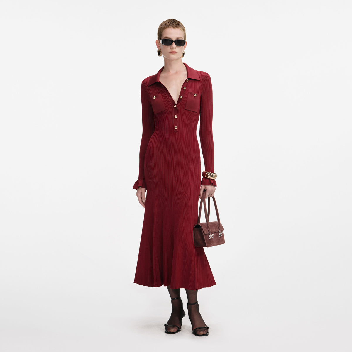 Self-Portrait - Burgundy Ribbed Knit Midi Dress