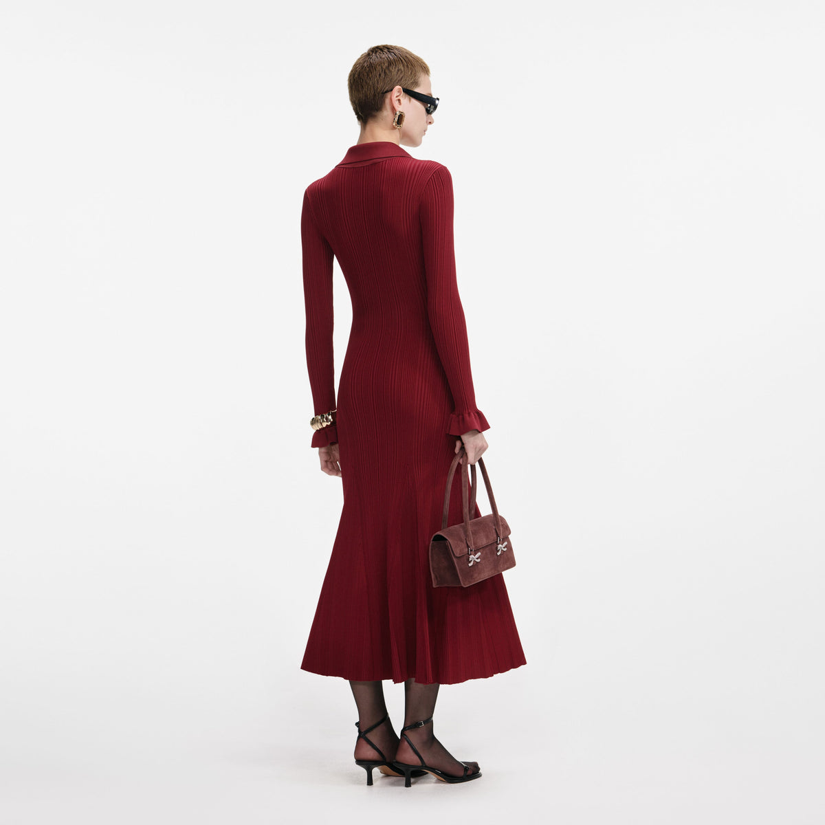 Self-Portrait - Burgundy Ribbed Knit Midi Dress