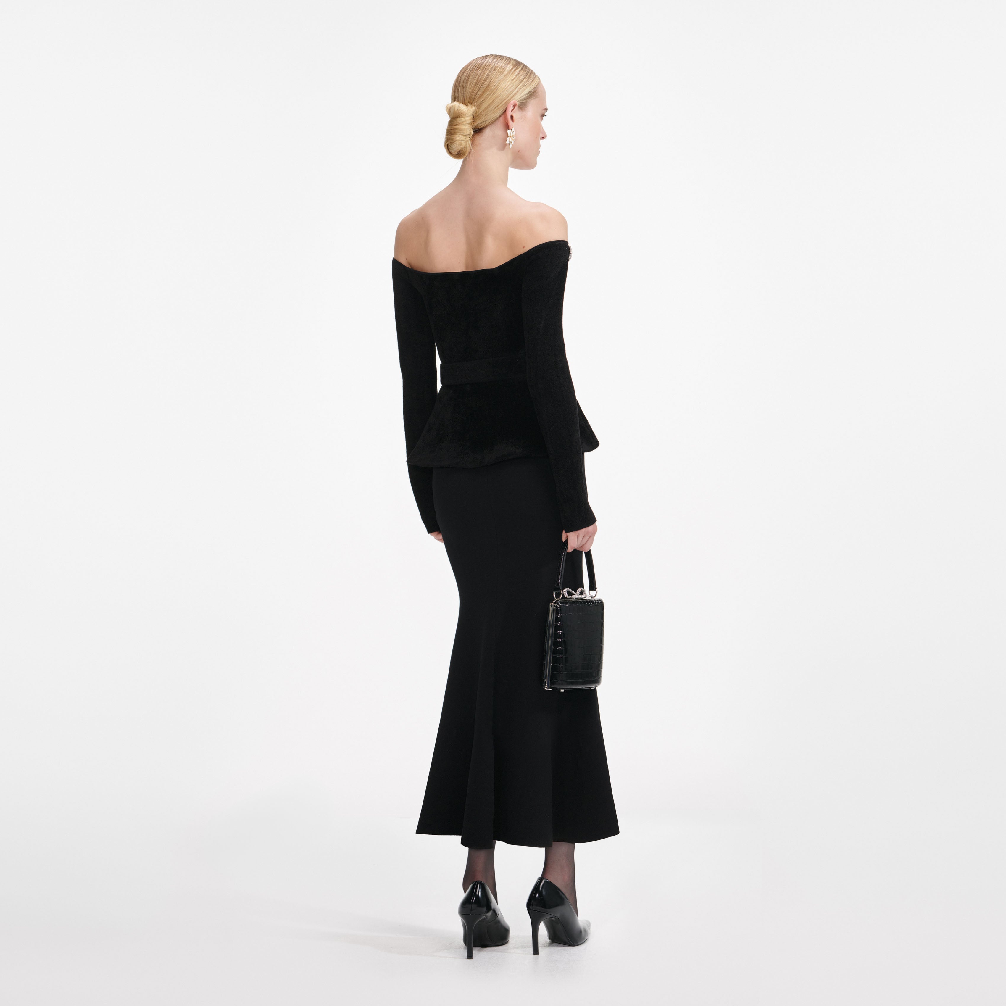 Black Chenille Knit Crystal Trim Midi Dress