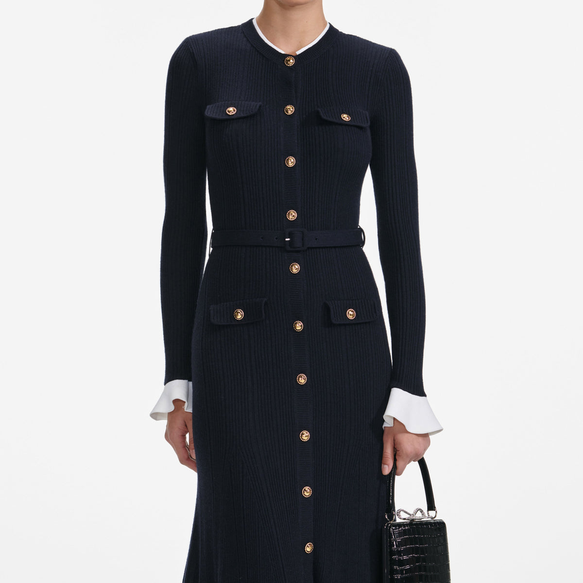 self portrait navy midi dress Navy Knit Taffeta Midi Dress