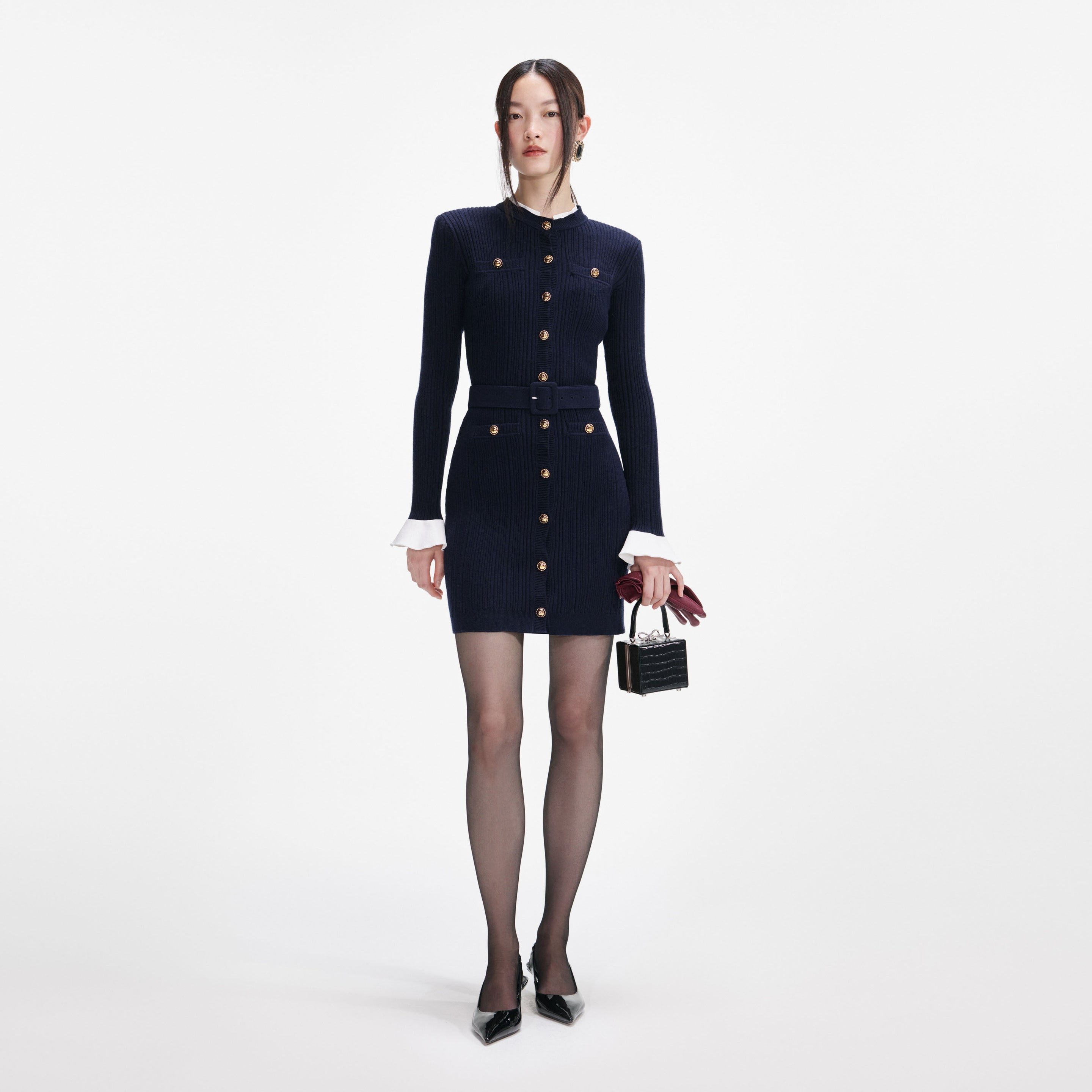 Navy Viscose Knit Mini Dress – self-portrait-US