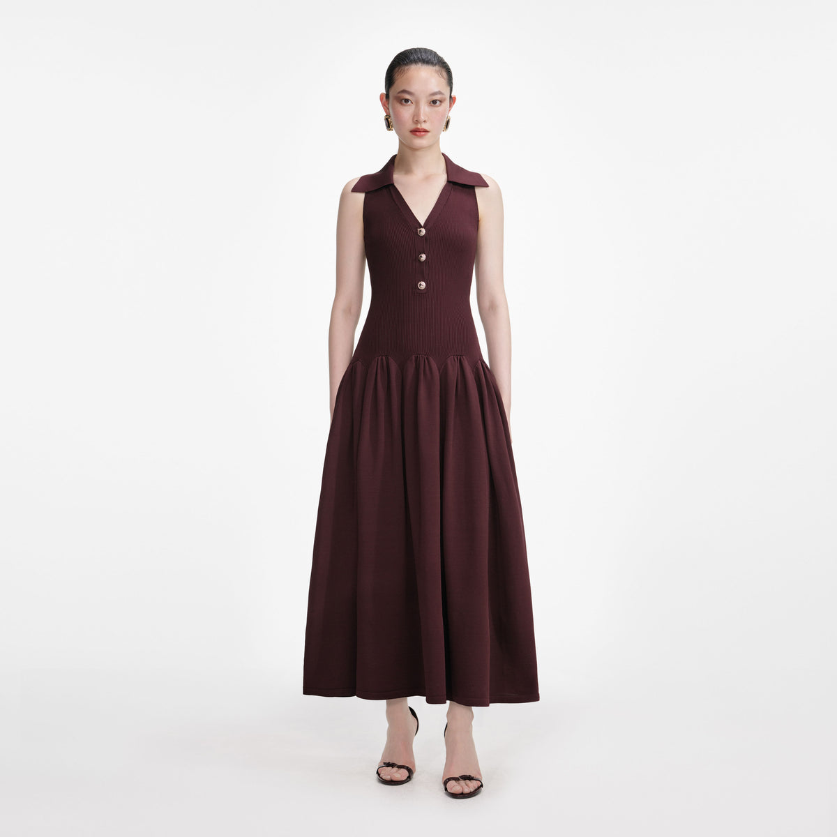 Self-Portrait Women's Ribbed Midi Dress - Brown - Size XS Self-Portrait Women's Ribbed Midi Dress - Brown - Size XS