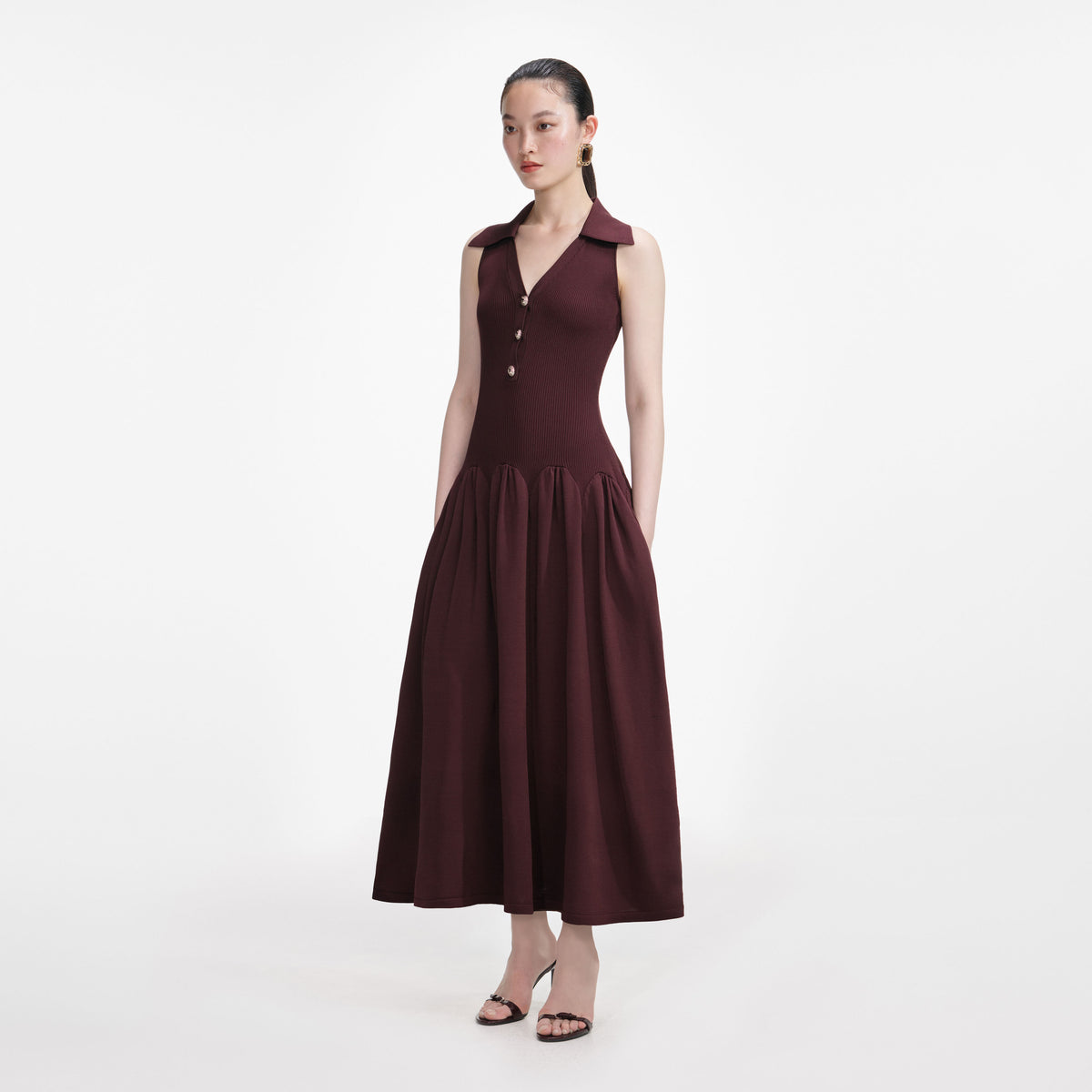 Self-Portrait Women's Ribbed Midi Dress - Brown