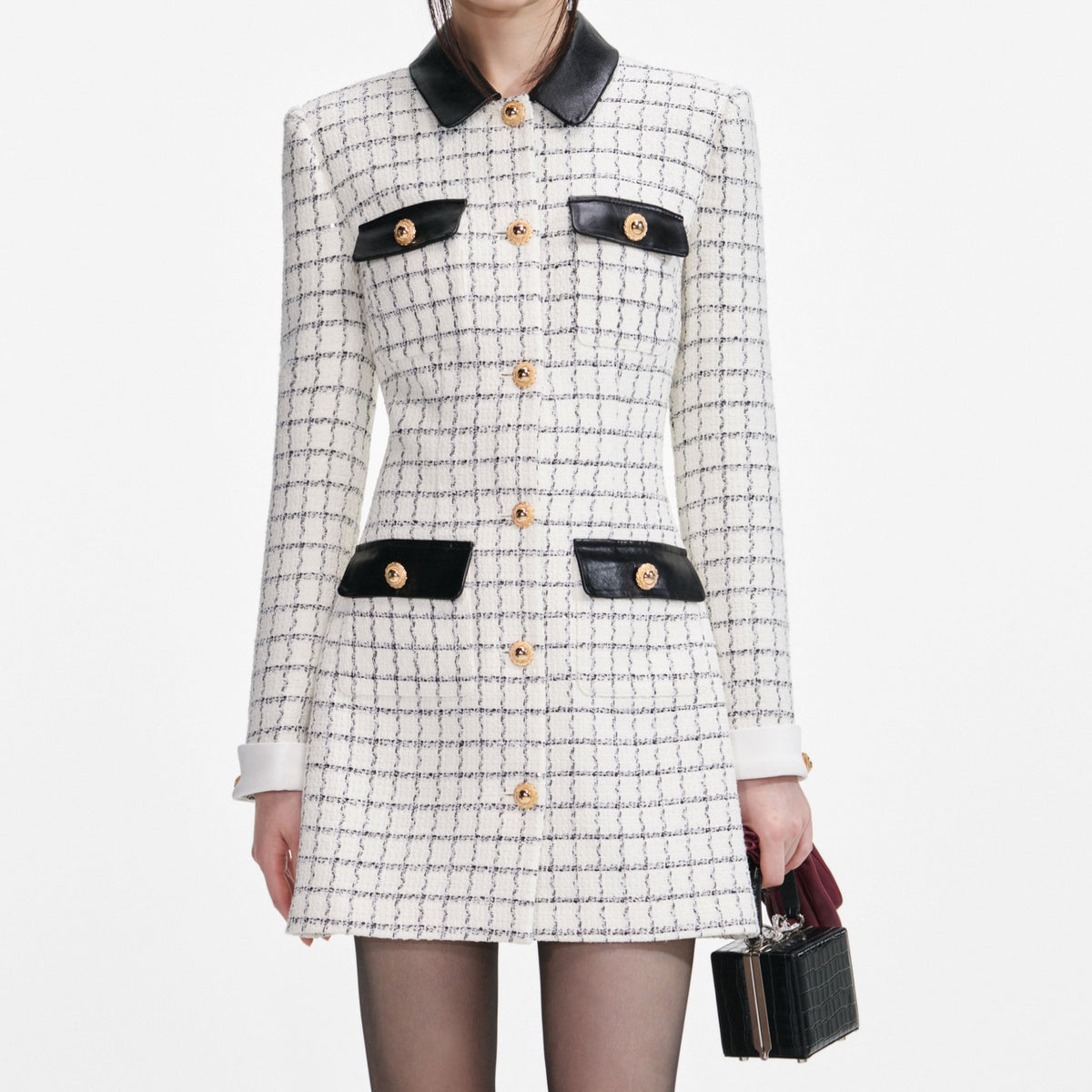 Check Boucle Long Sleeve Mini Dress – self-portrait-US