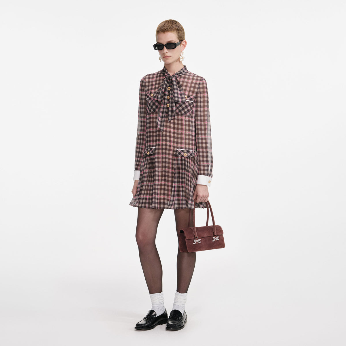 self-portrait - Brown Check Chiffon Mini Dress