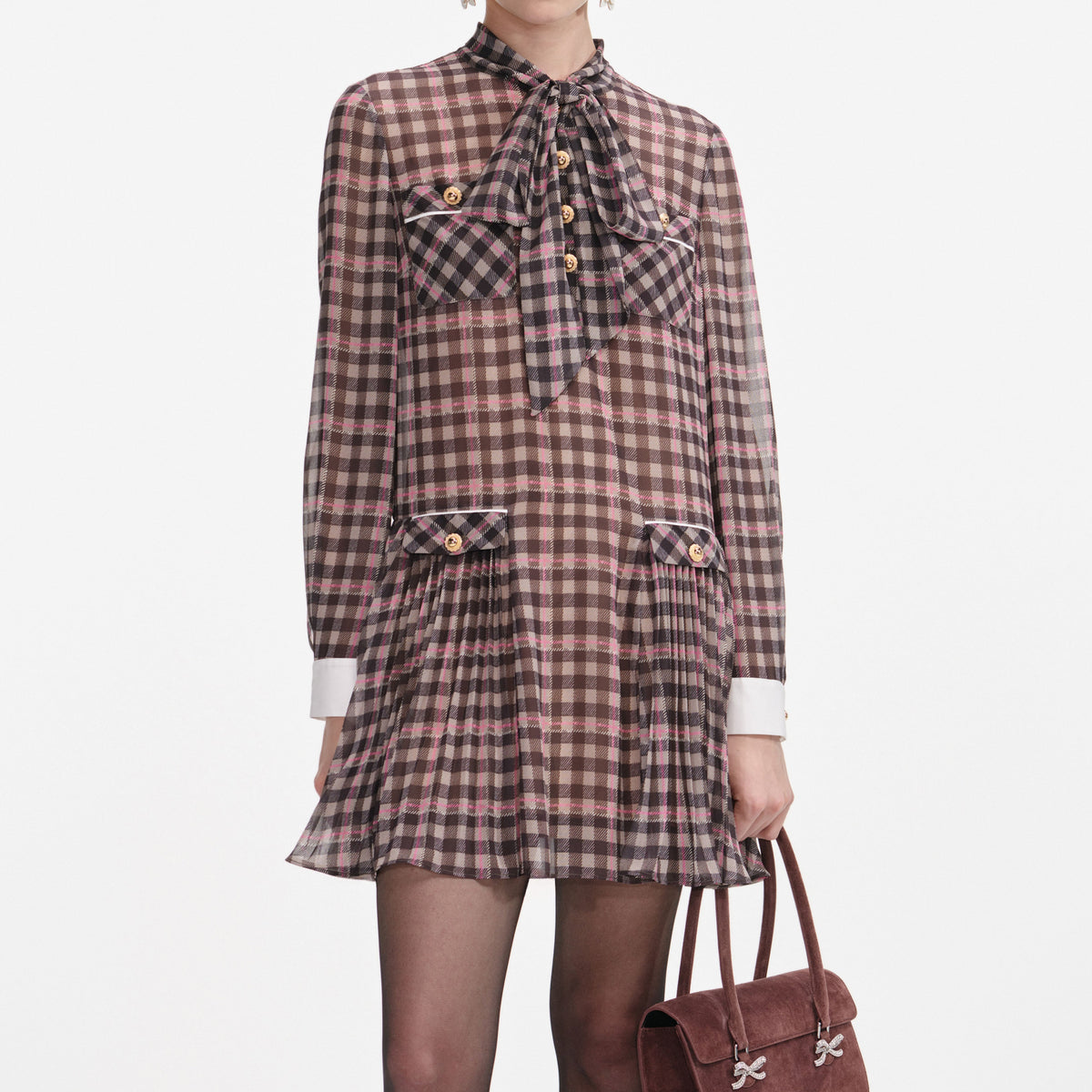 Brown Check Chiffon Mini Dress – self-portrait-US