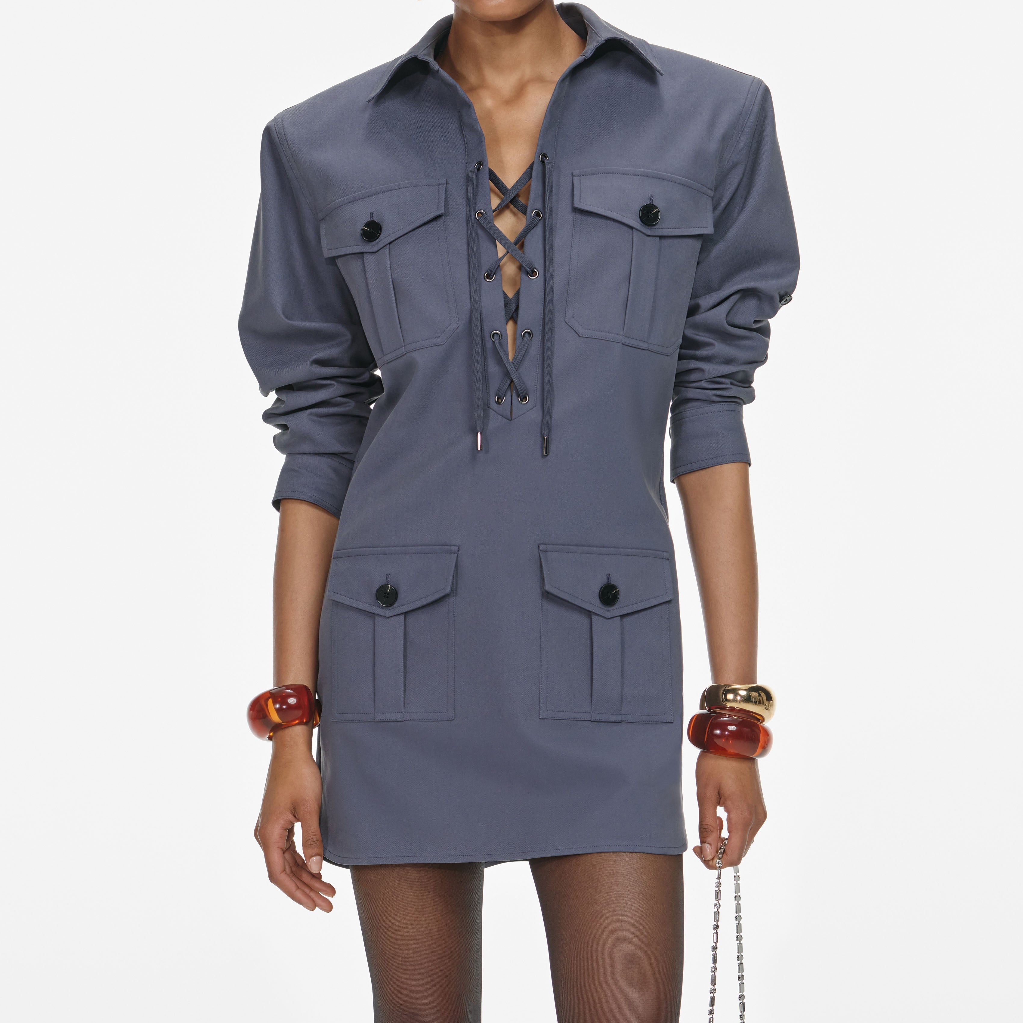 Grey Cotton Long Sleeve Mini Dress – self-portrait-US