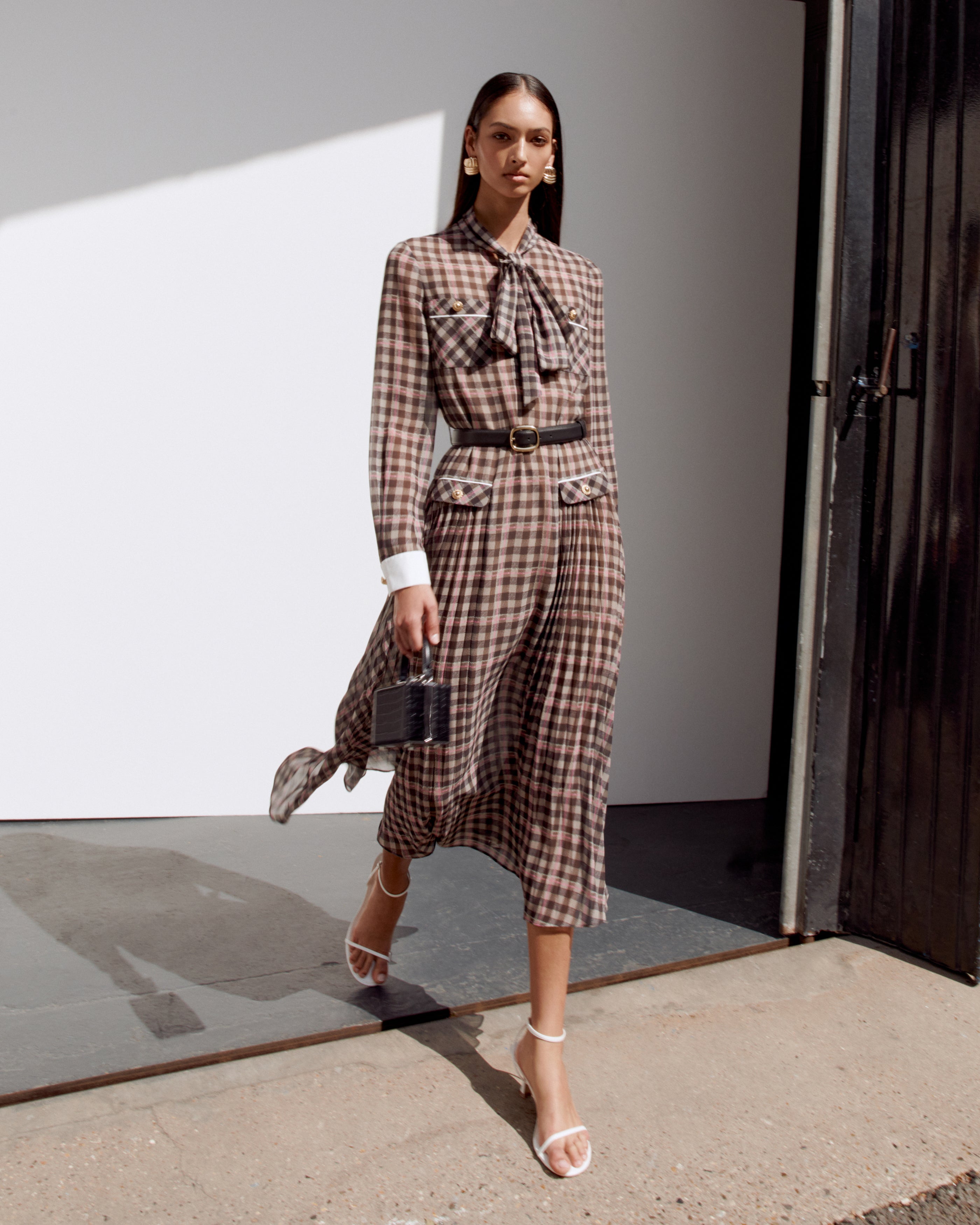 sachin and babi light blue dress Brown Check Dress Brown Check Chiffon Midi Dress – Self-portrait-US