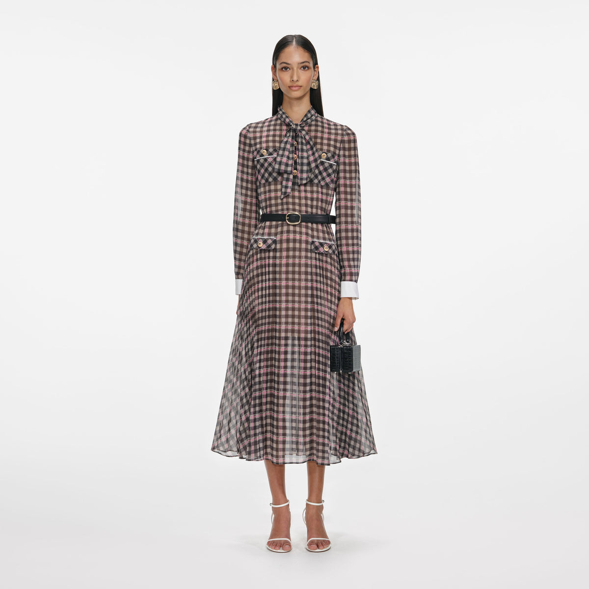 self portrait crescent printed chiffon midi dress self-portrait - Brown Check Chiffon Midi Dress