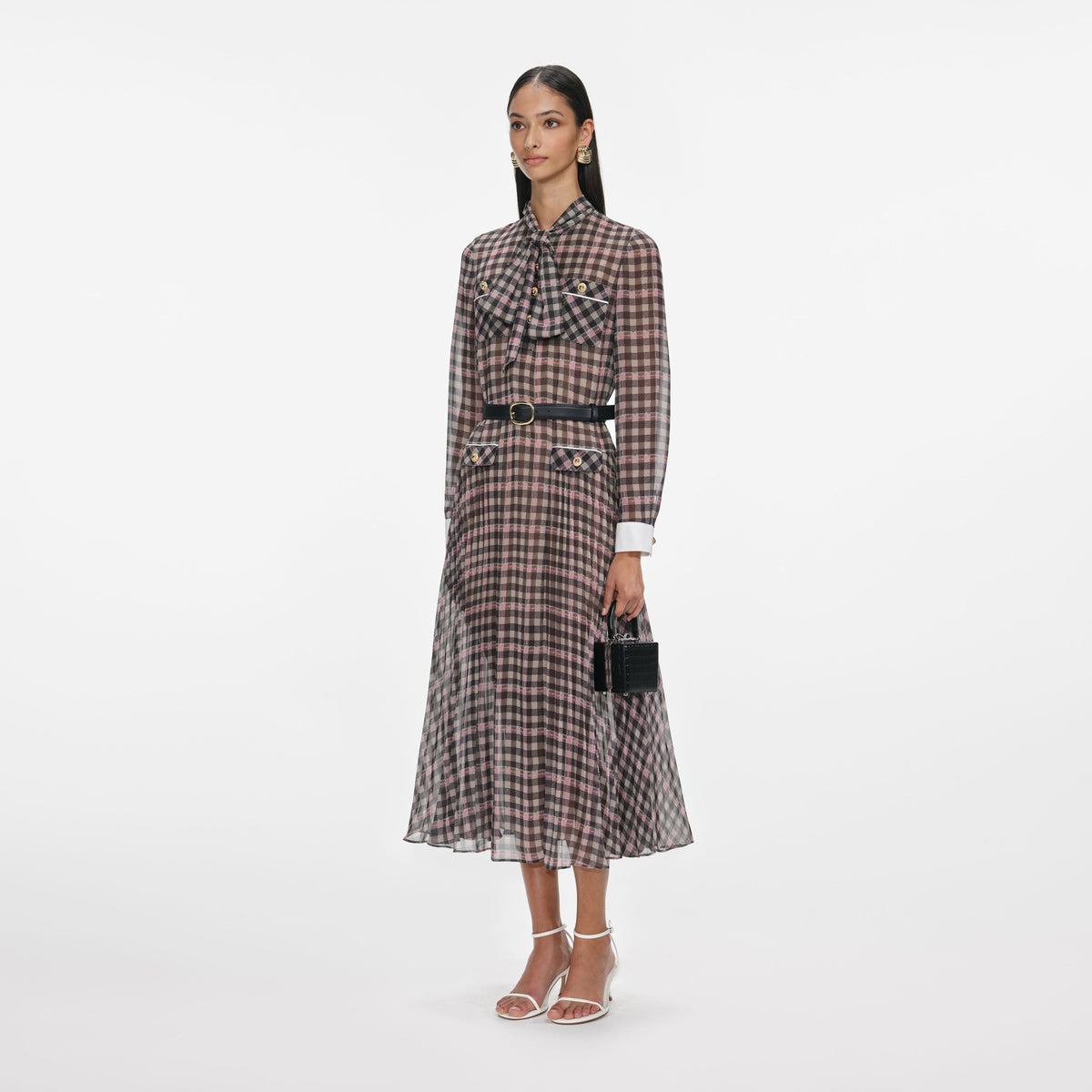 self portrait monochrome check midi dress self-portrait - Brown Check Chiffon Midi Dress