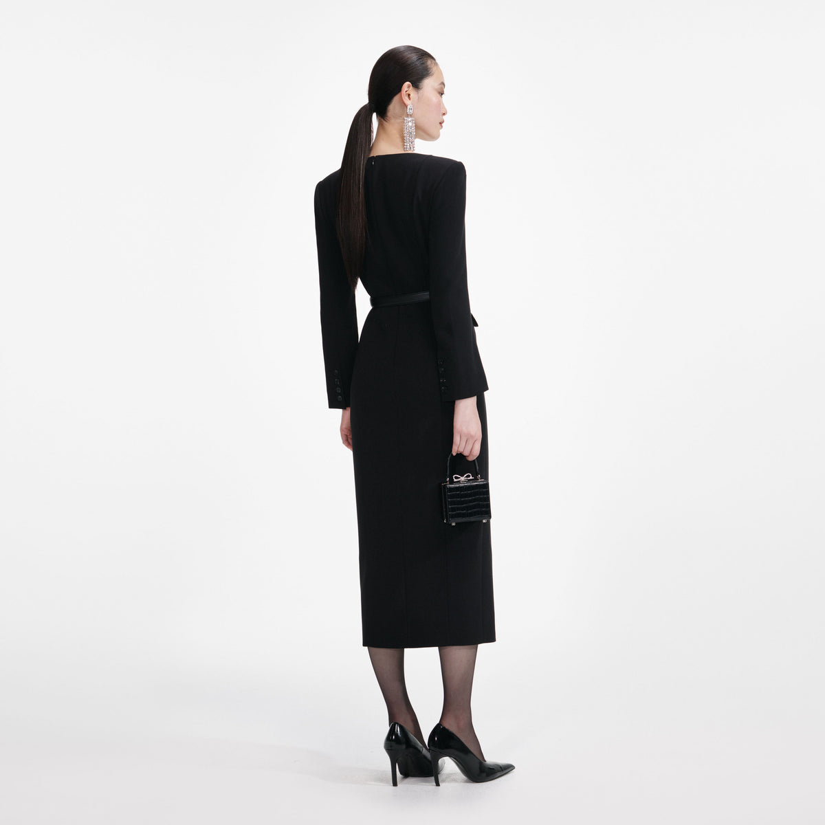 black tailored crepe and chiffon midi dress Self-Portrait Tailored Crepe and Chiffon Midi
