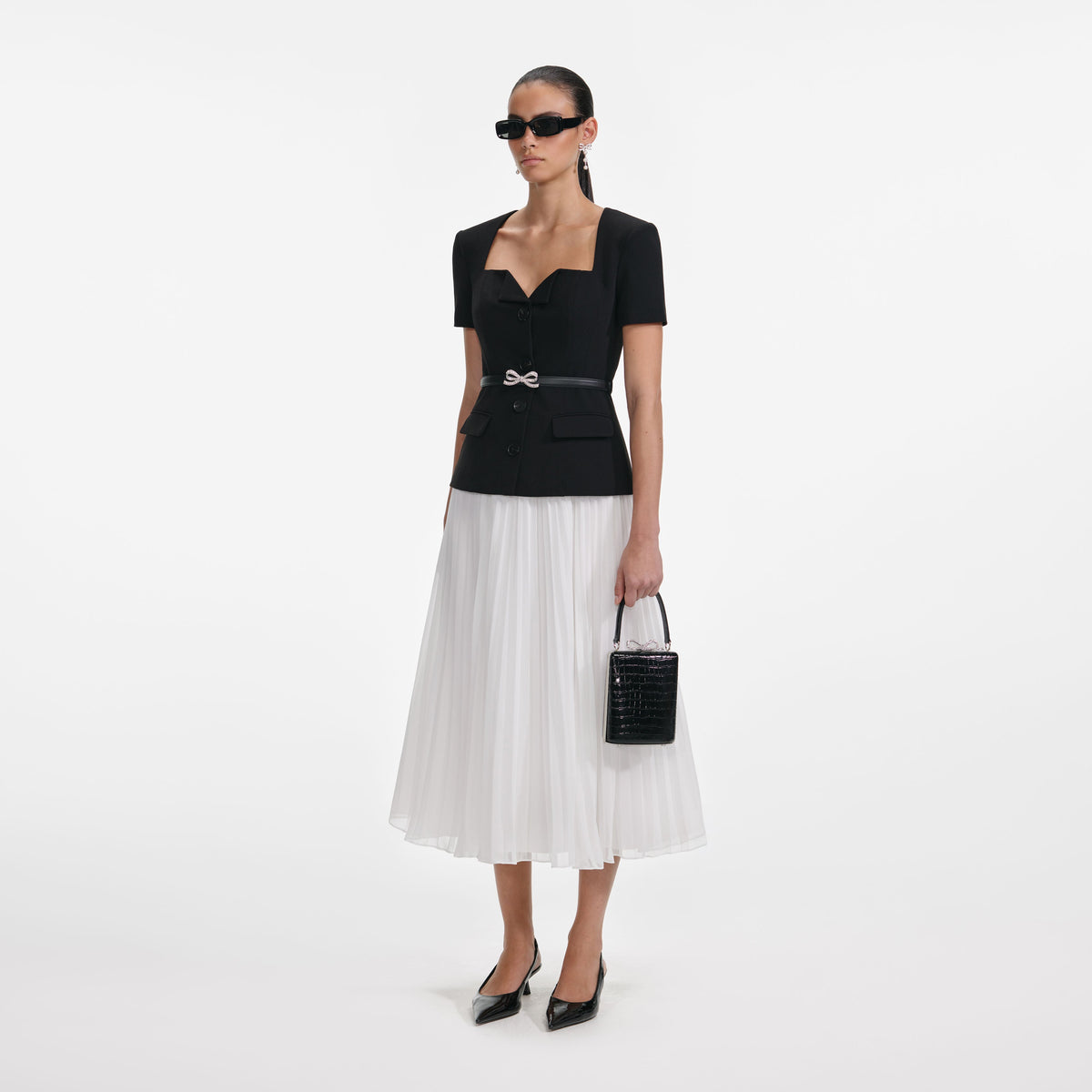 Black Tailored Contrast Chiffon Midi Dress – self-portrait-US