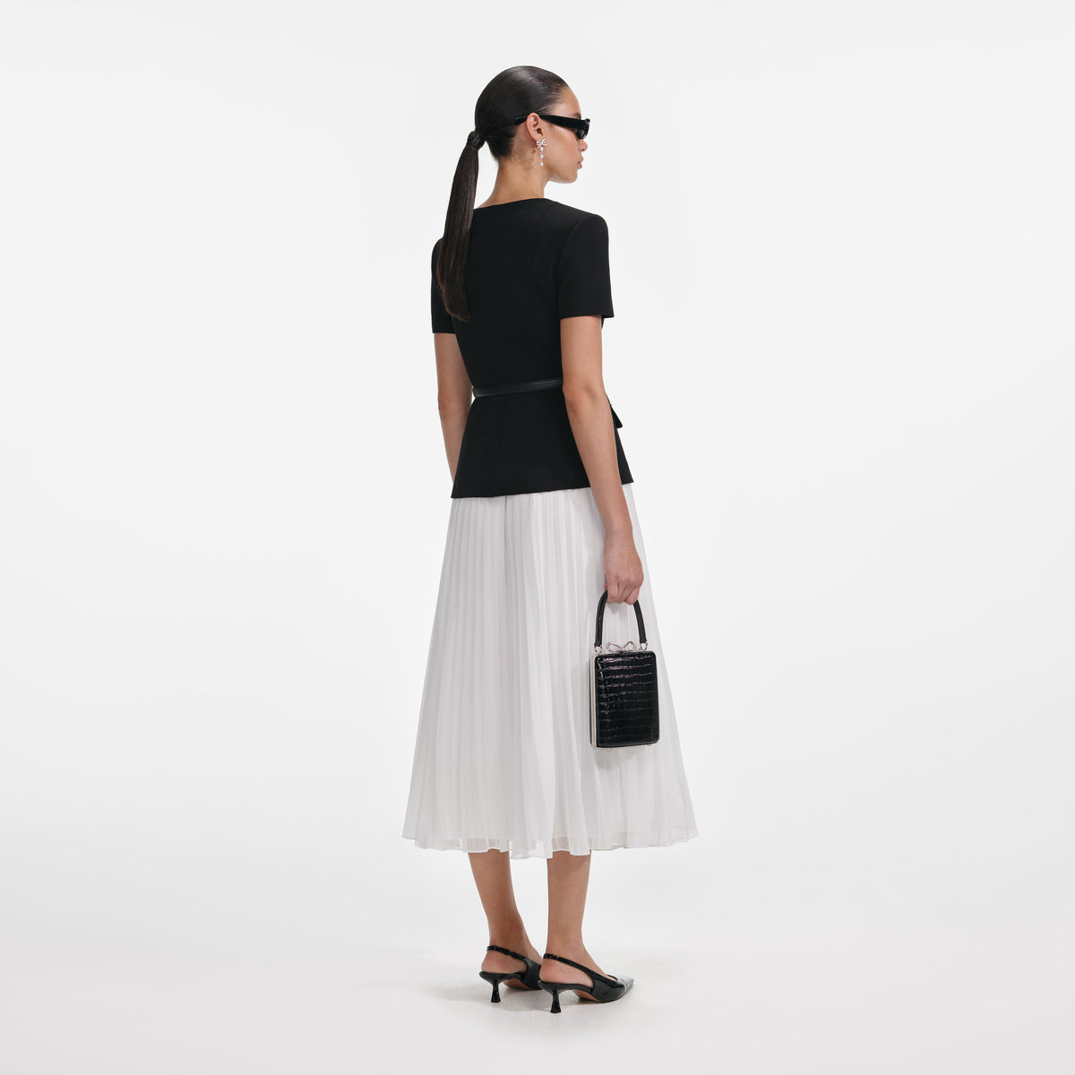 black crepe contrast chiffon mini dress Black Crepe Contrast Chiffon Mini Dress  self-portrait-US