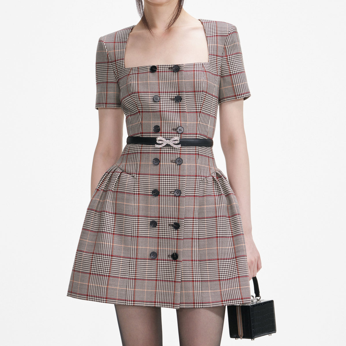 self portrait check wool mini dress Self-Portrait - Brown Check Short Sleeve Mini Dress