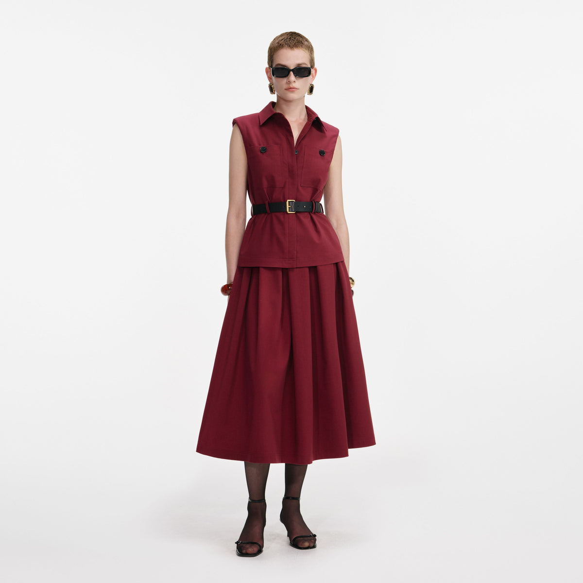 burgundy belted dress Asymmetrical Bottom Belted Dress-Burgundy